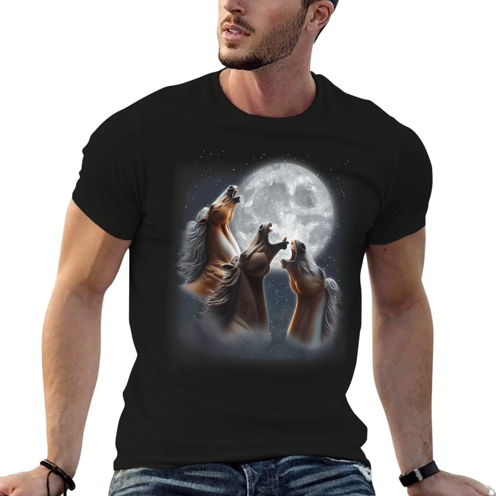 3 Horses Howling At The Moon Funny Horse Lover Equestrian  Easy-care T-Shirt