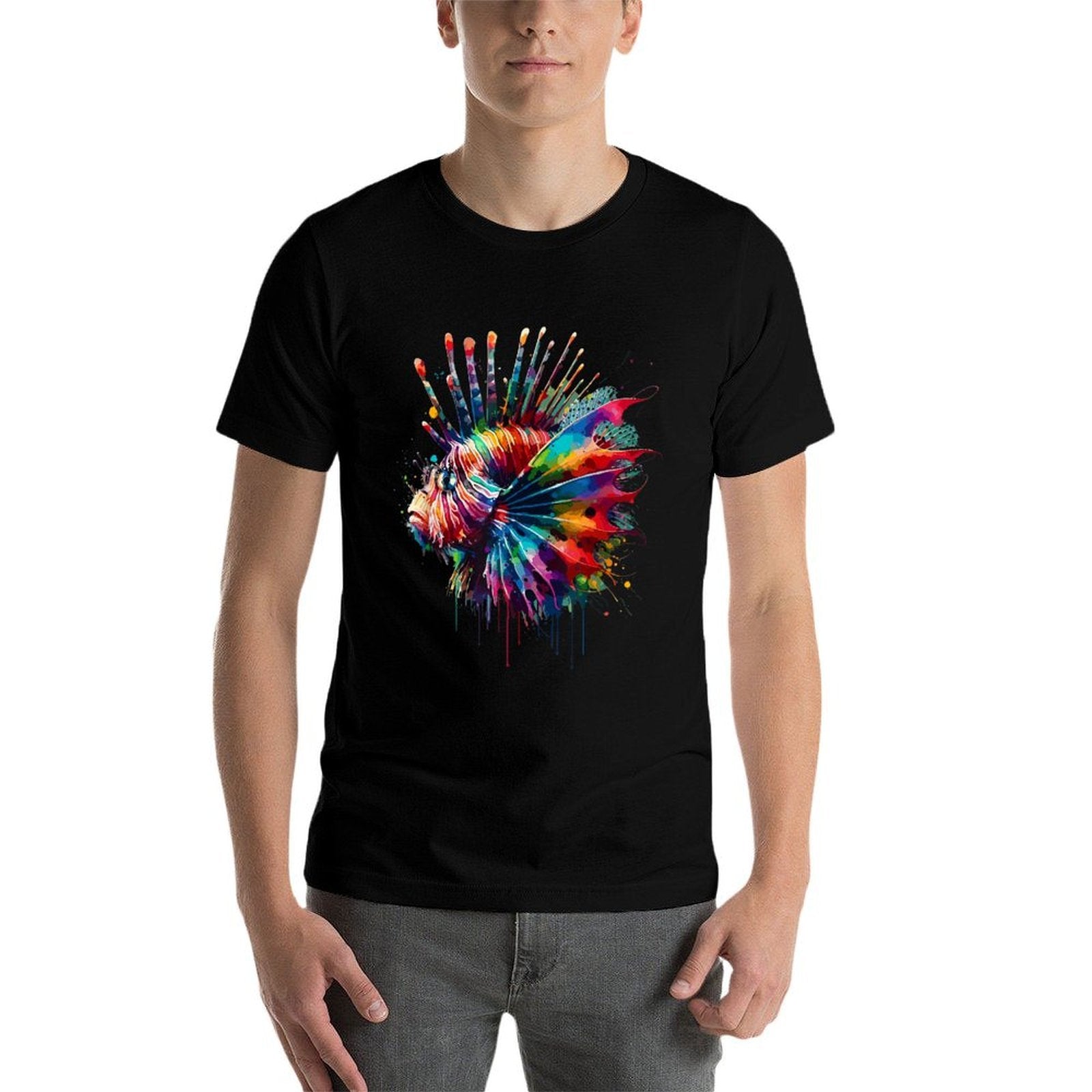Colorful Splash Art Red Lionfish Lion Fish Butterfly Cod  High-quality Stitching T-Shirt