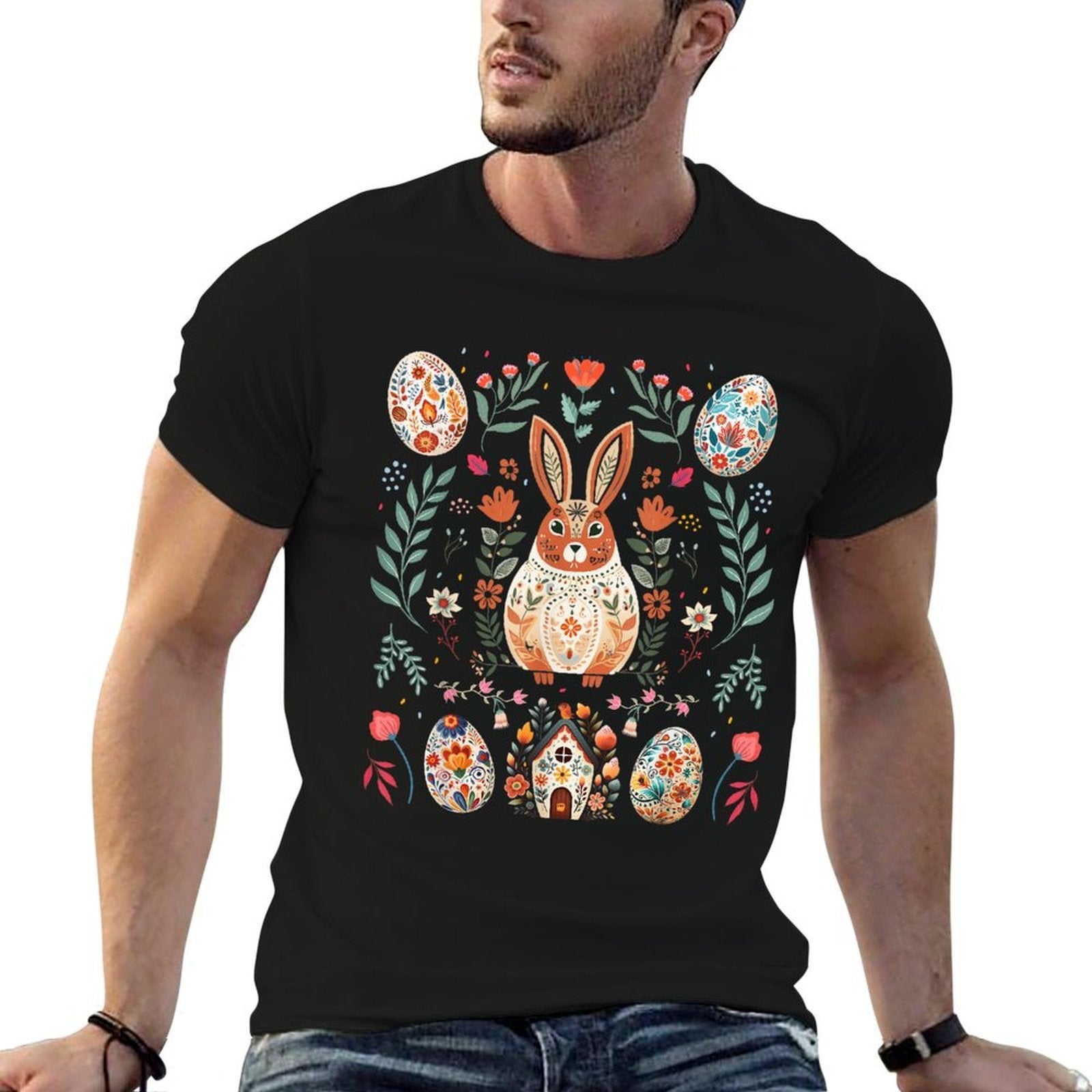 Nordic Scandinavian Folk Art Vintage Bunny Happy Easter Day  Trendy Pattern T-Shirt