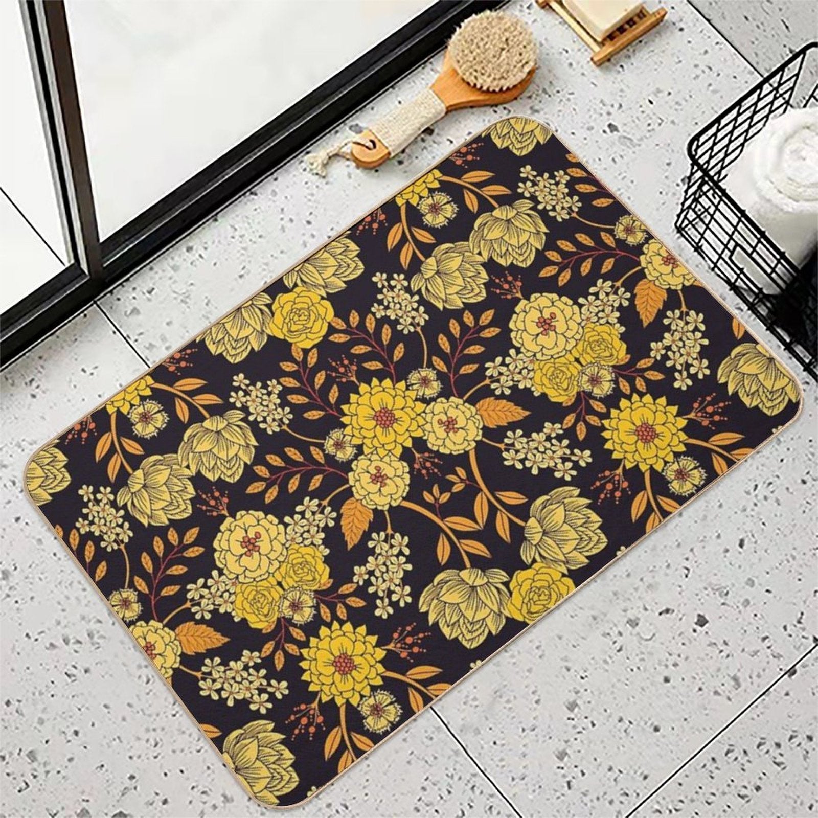 Yellow, Orange & Navy Blue Dark Floral Pattern  Easy Maintenance Bath Mat