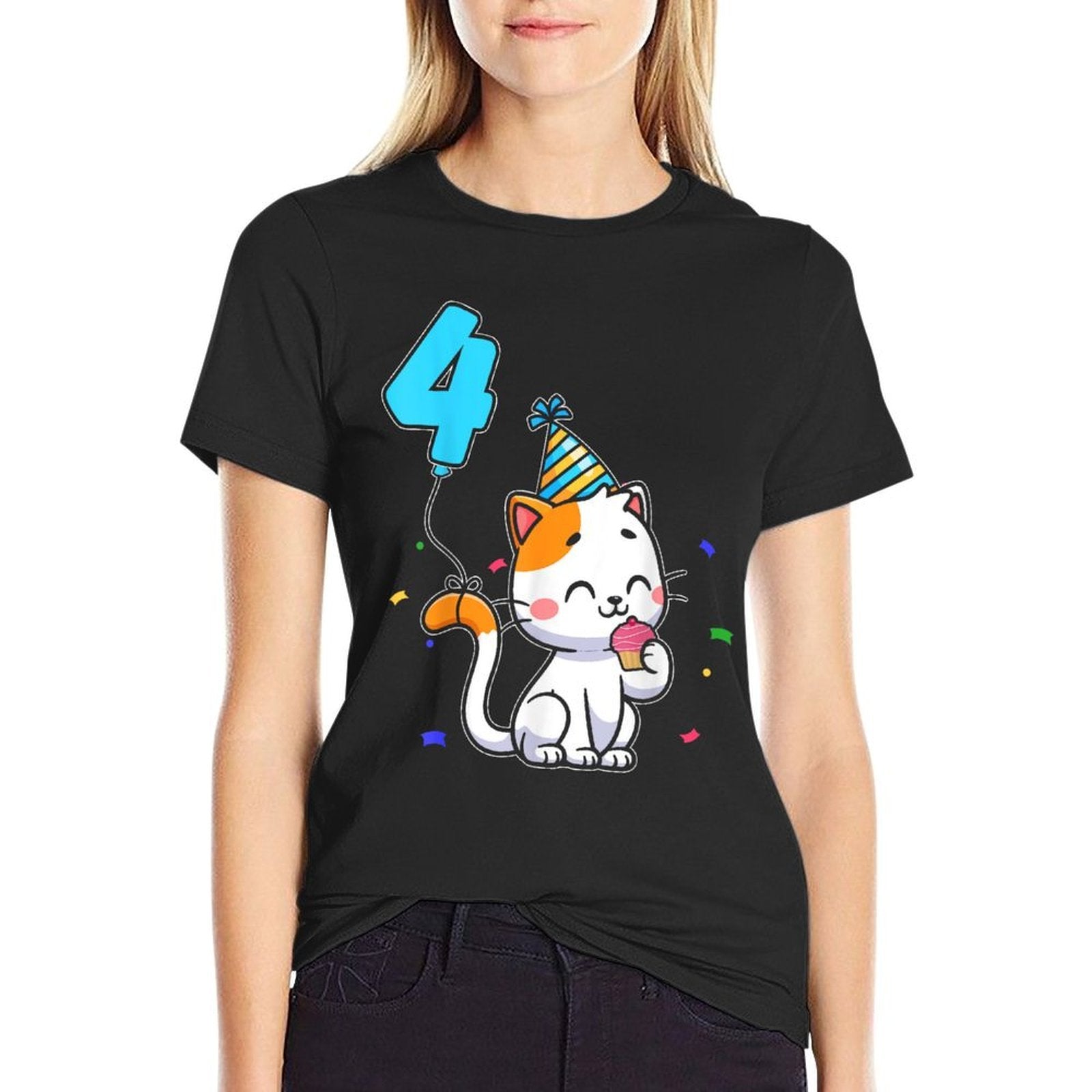 4-Year-Old Kid Cute Cat Party Balloon 4th Birthday  Easy-care T-Shirt