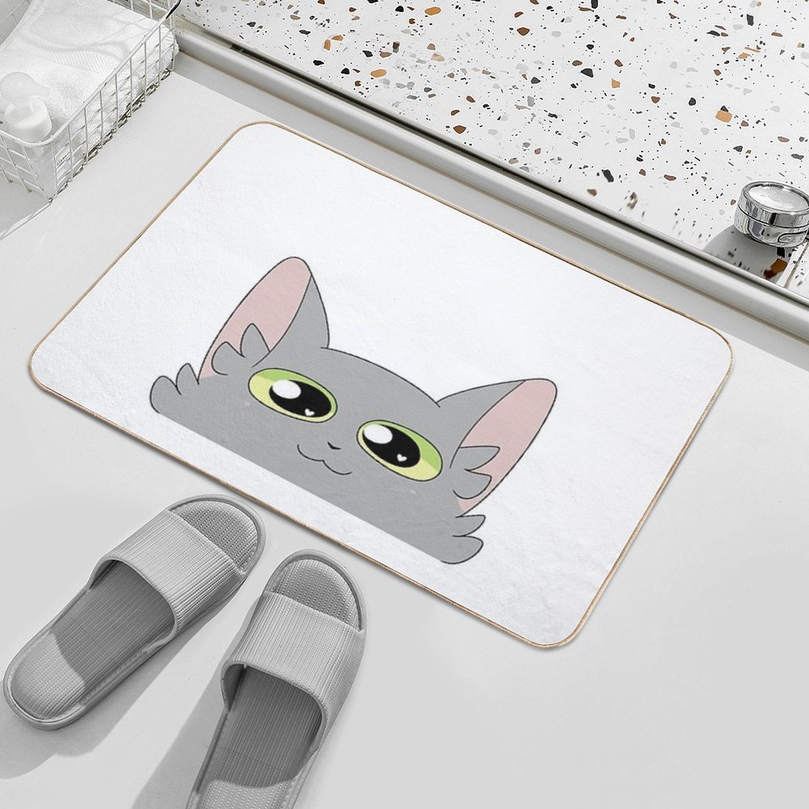 Cute Happy Gray Cat  Easy Maintenance Bath Mat