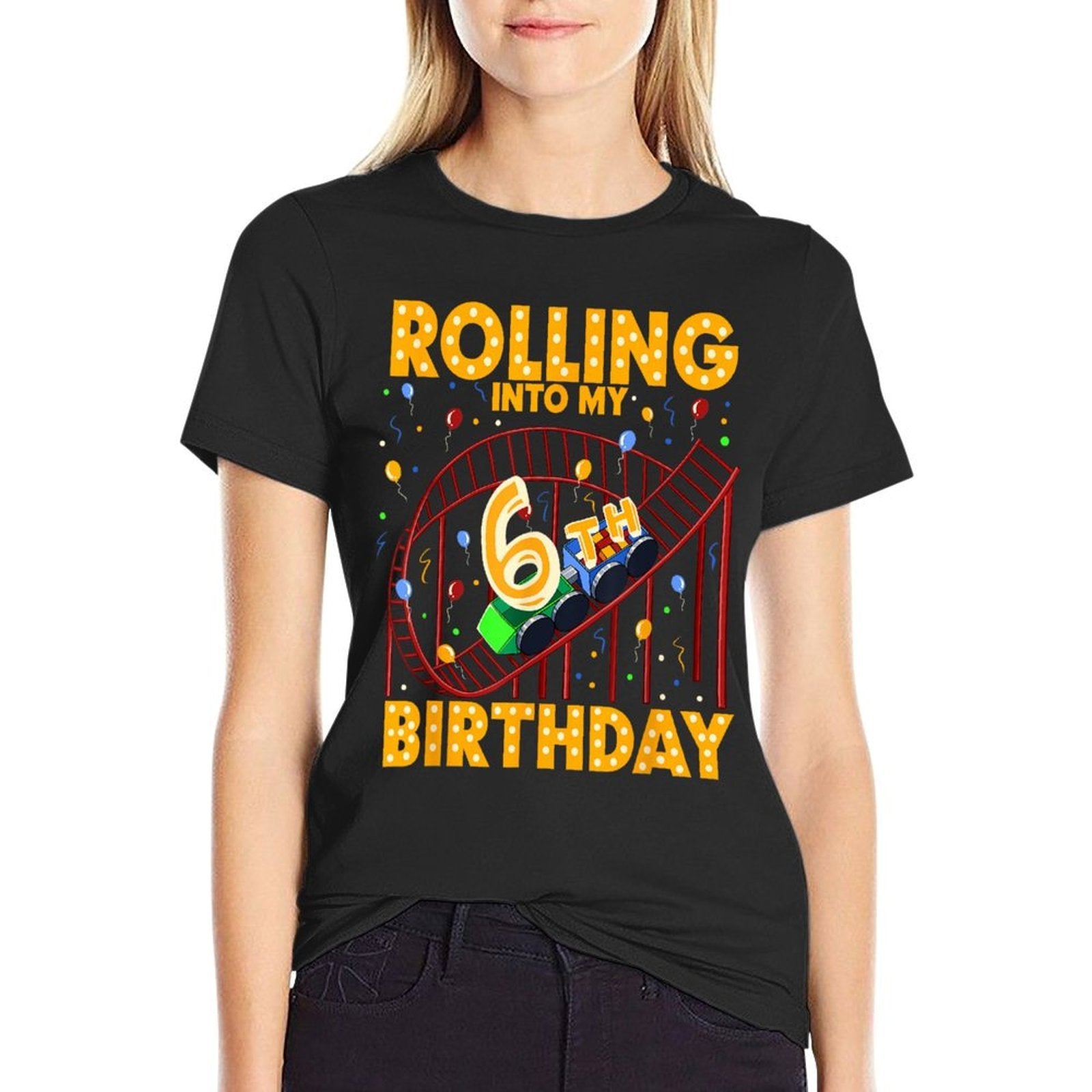 6th Birthday Rollercoaster Amusement Park Boys Kids Birthday  Ribbed Collar T-Shirt
