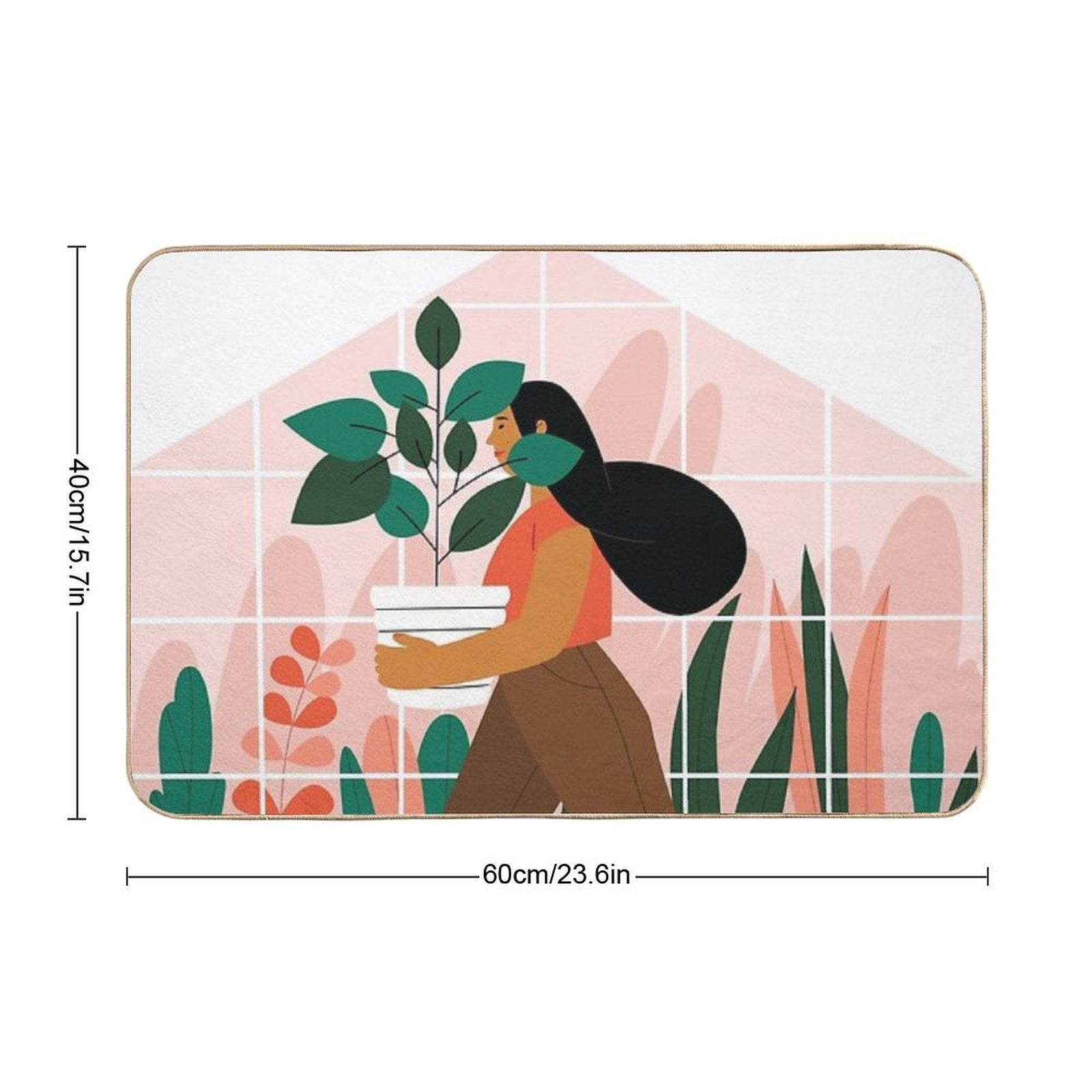 Beautiful Girl with A Plant in A Pot. Minimalistic Greenhouse  Multi-Purpose Bath Mat