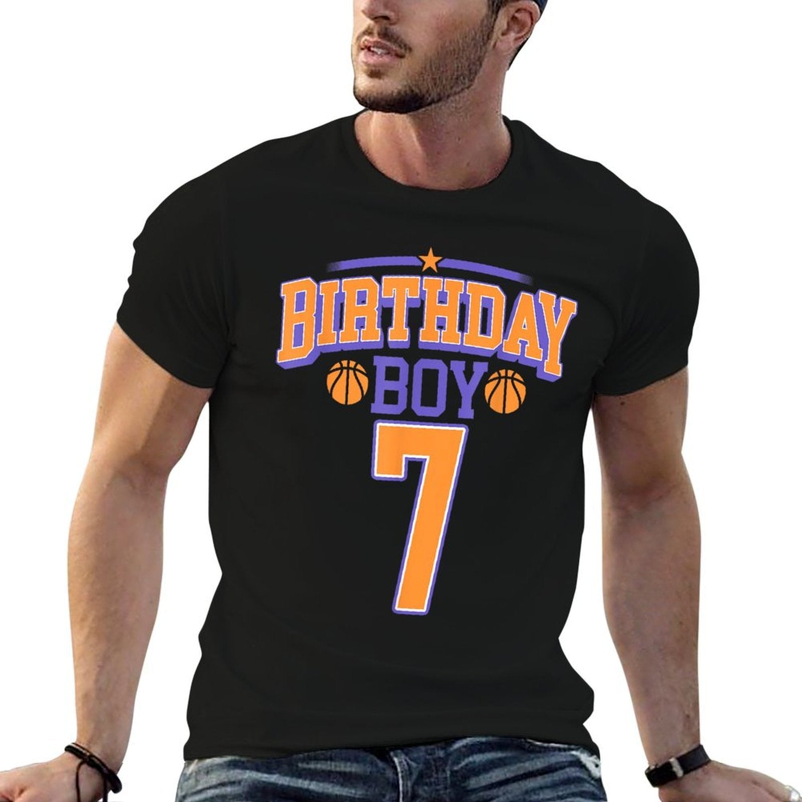 7th Birthday Boy Basketball Lover 7 Years Old Bday  Fade-proof Color T-Shirt