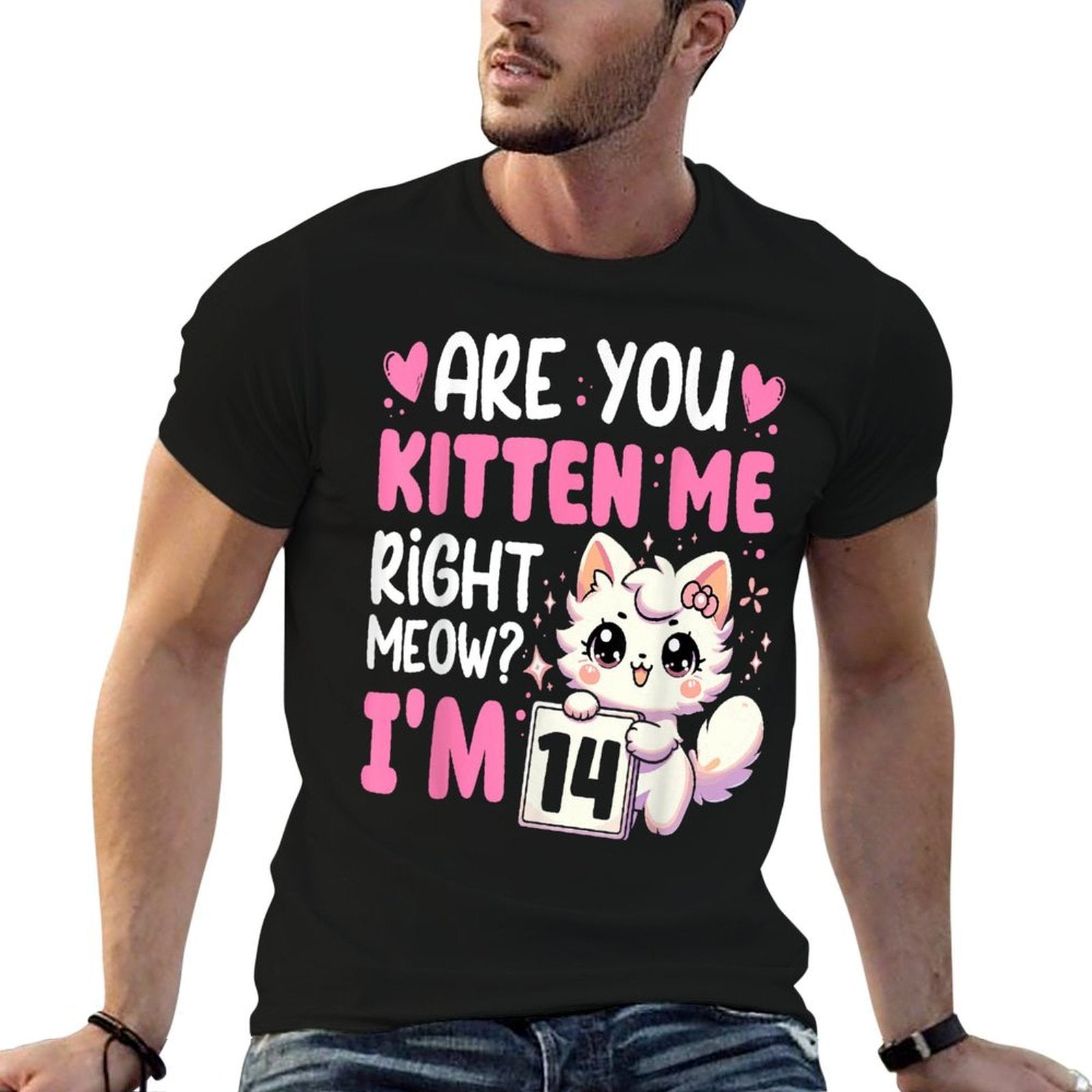 14th Birthday Girls 14yr 14 Year Old Kitten Cat Bday  Oversized Silhouette T-Shirt