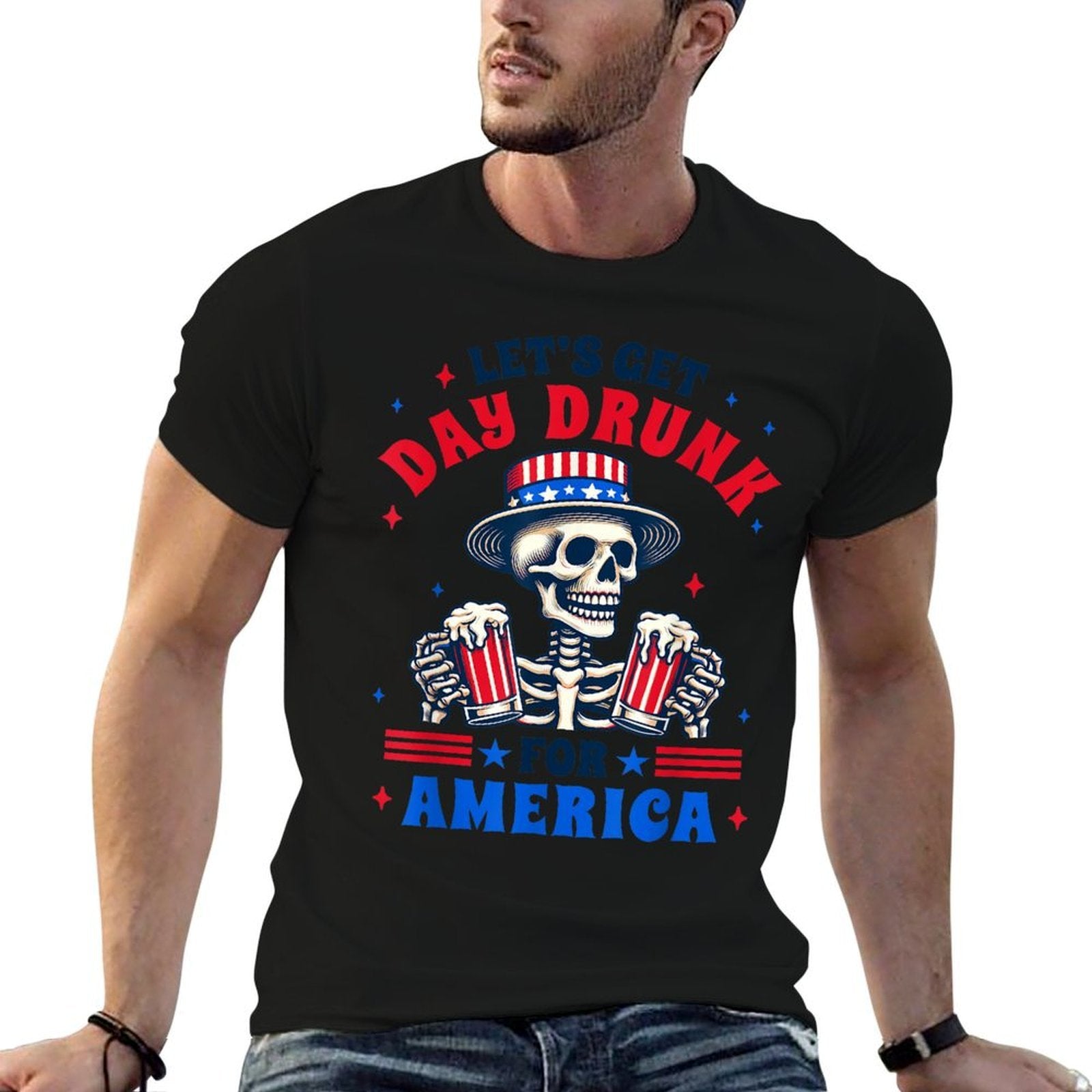 4th Of July Beer Drinking Lets Get Day A Drunk For America  Ribbed Collar T-Shirt
