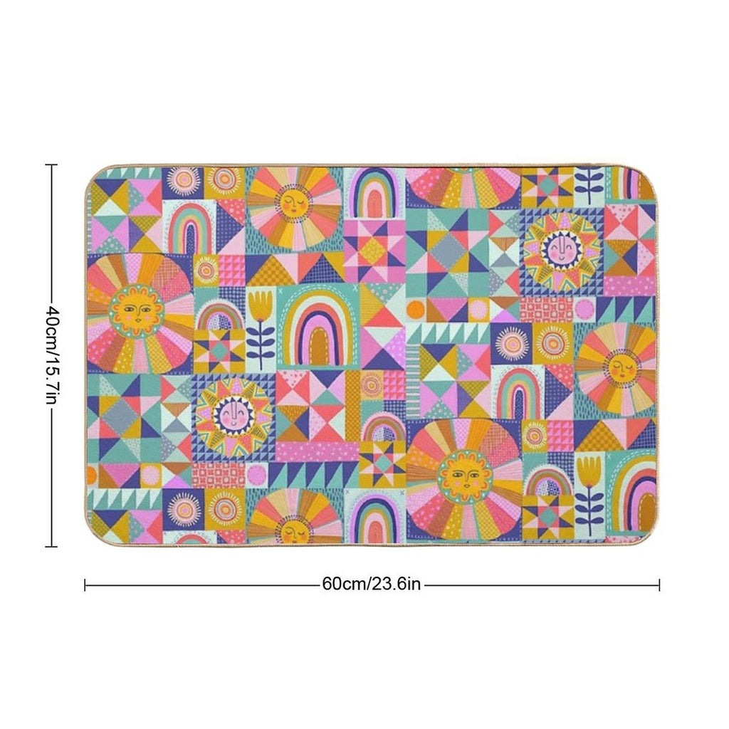 Sunny Patchwork with Aqua Blue  High-Traffic Bath Mat