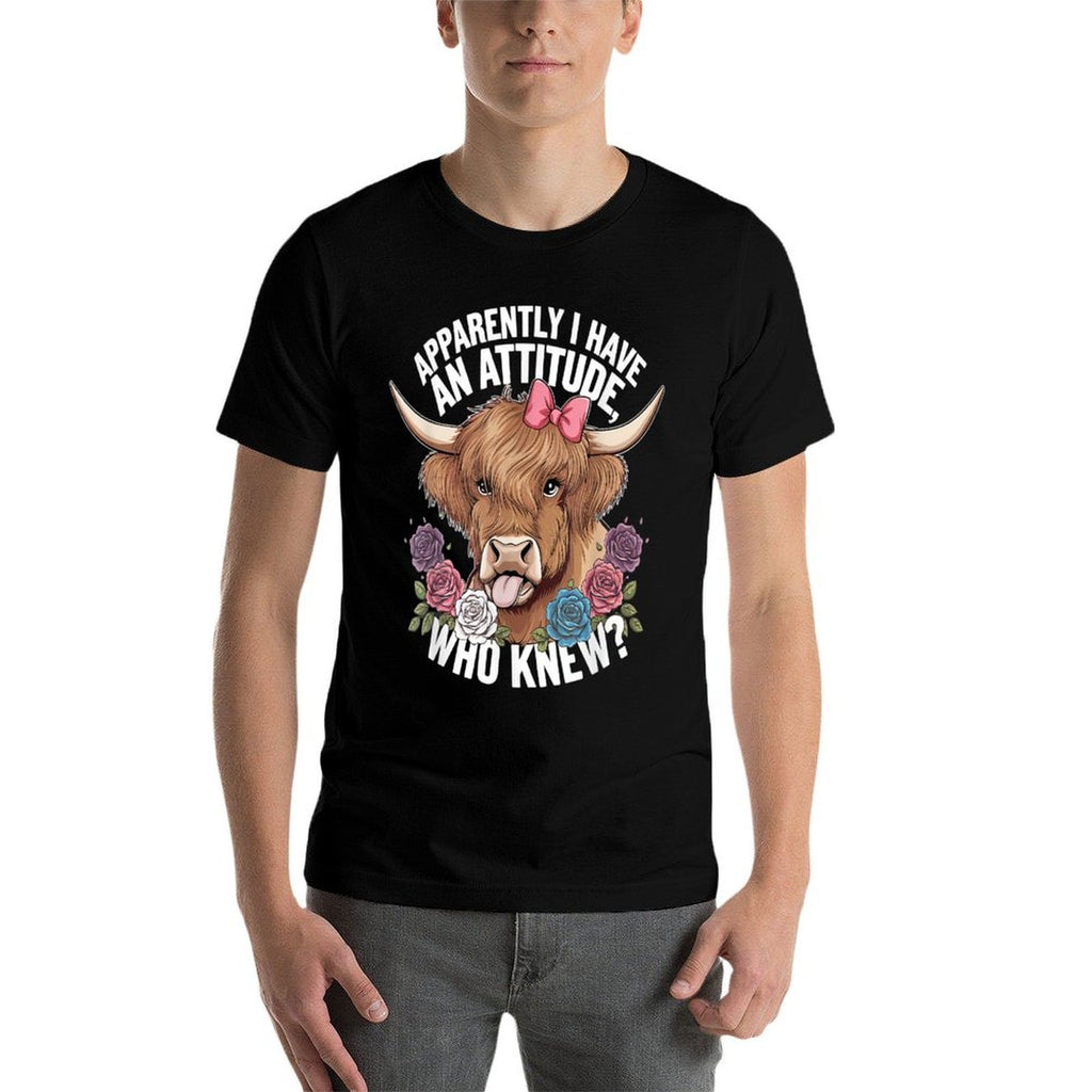 Apparently I Have An Attitude Who Knew Sarcasm Highland Cow  Ribbed Collar T-Shirt