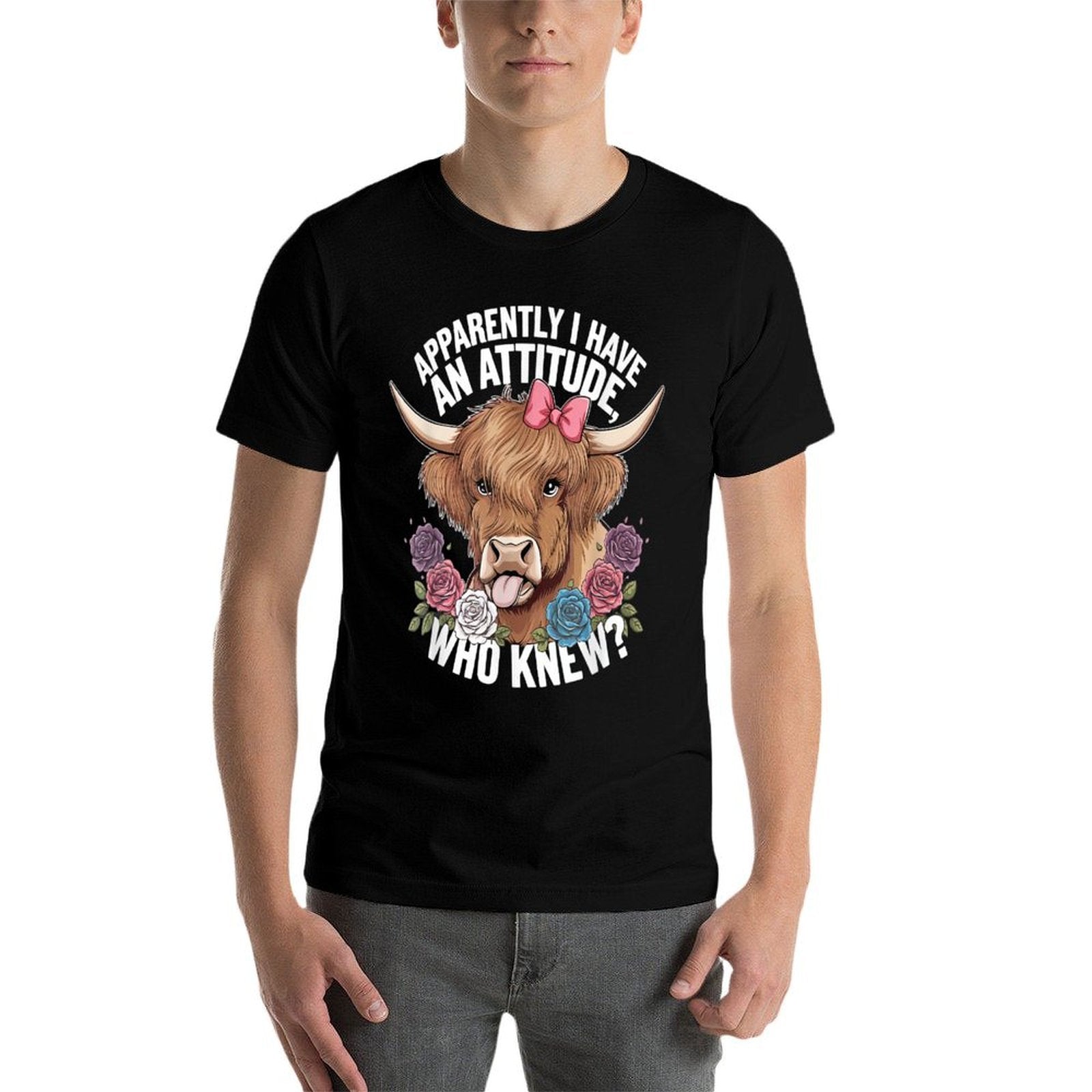 Apparently I Have An Attitude Who Knew Sarcasm Highland Cow  Ribbed Collar T-Shirt
