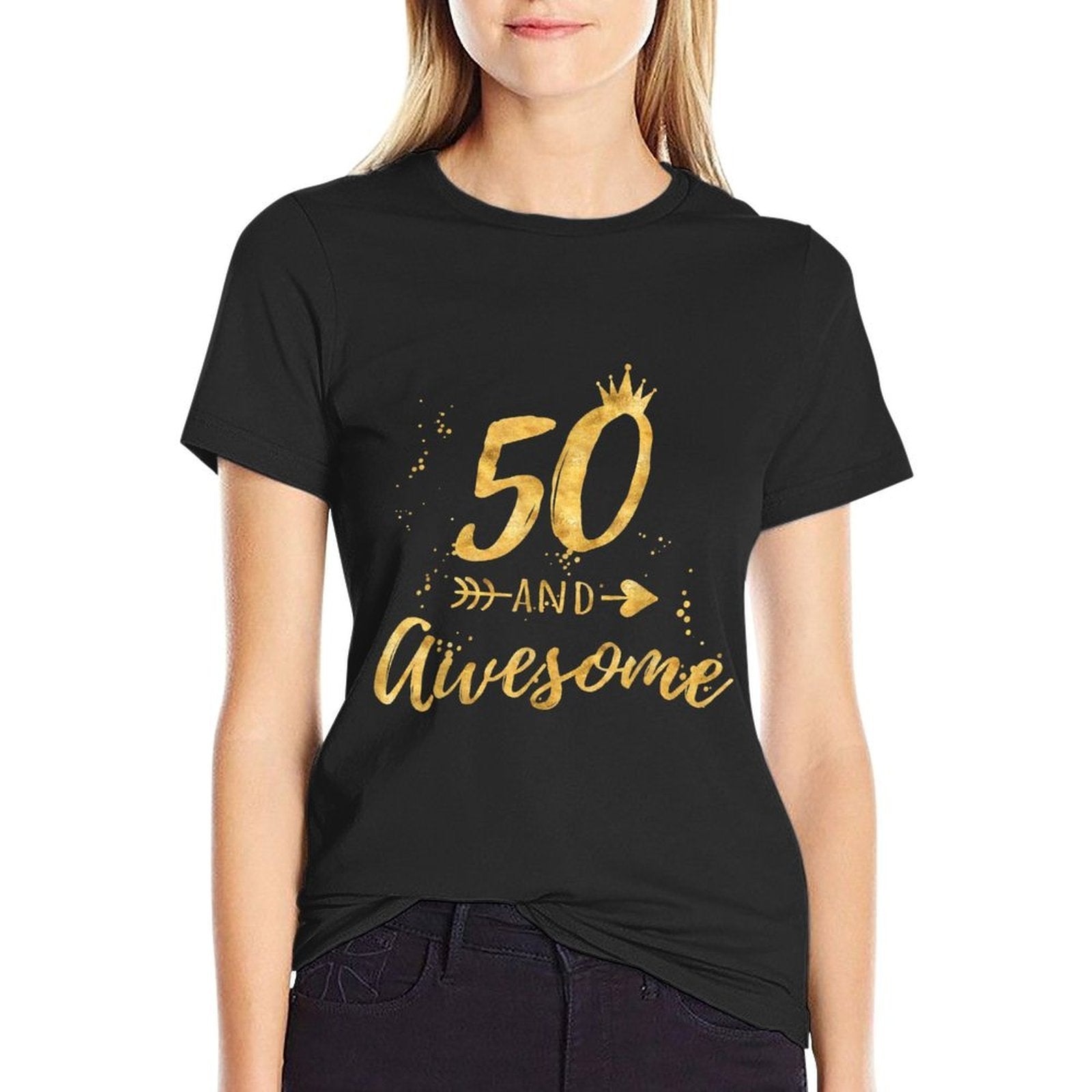 50th Birthday for Women - 50 And Awesome Gift  Ribbed Collar T-Shirt
