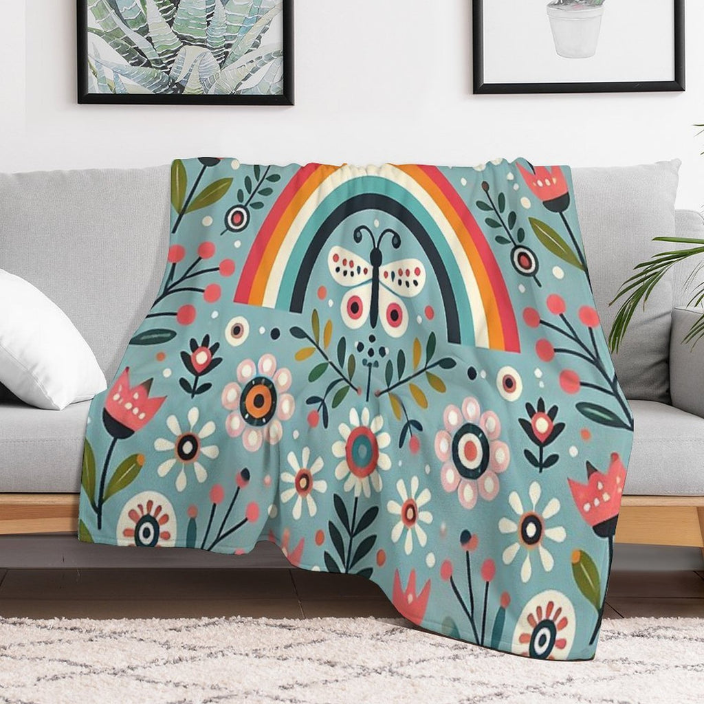 Blue Serene Folk Butterfly with Rainbow - Scandinavian Folk Art by Heidiannemorris © Durable Throw Blanket