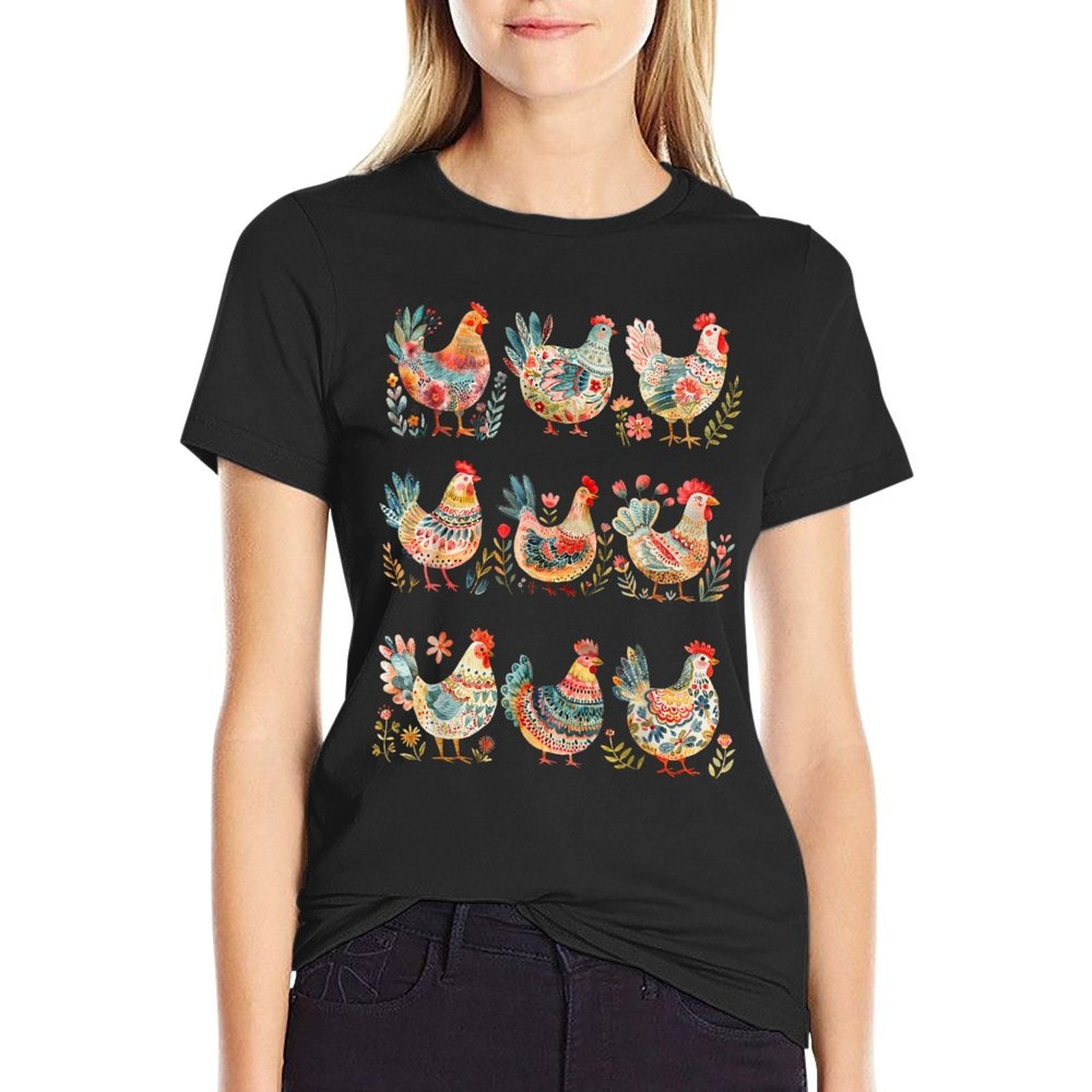 Cottagecore Floral Chicken Folk Art Scandi Farm Animal Lover  Lightweight T-Shirt