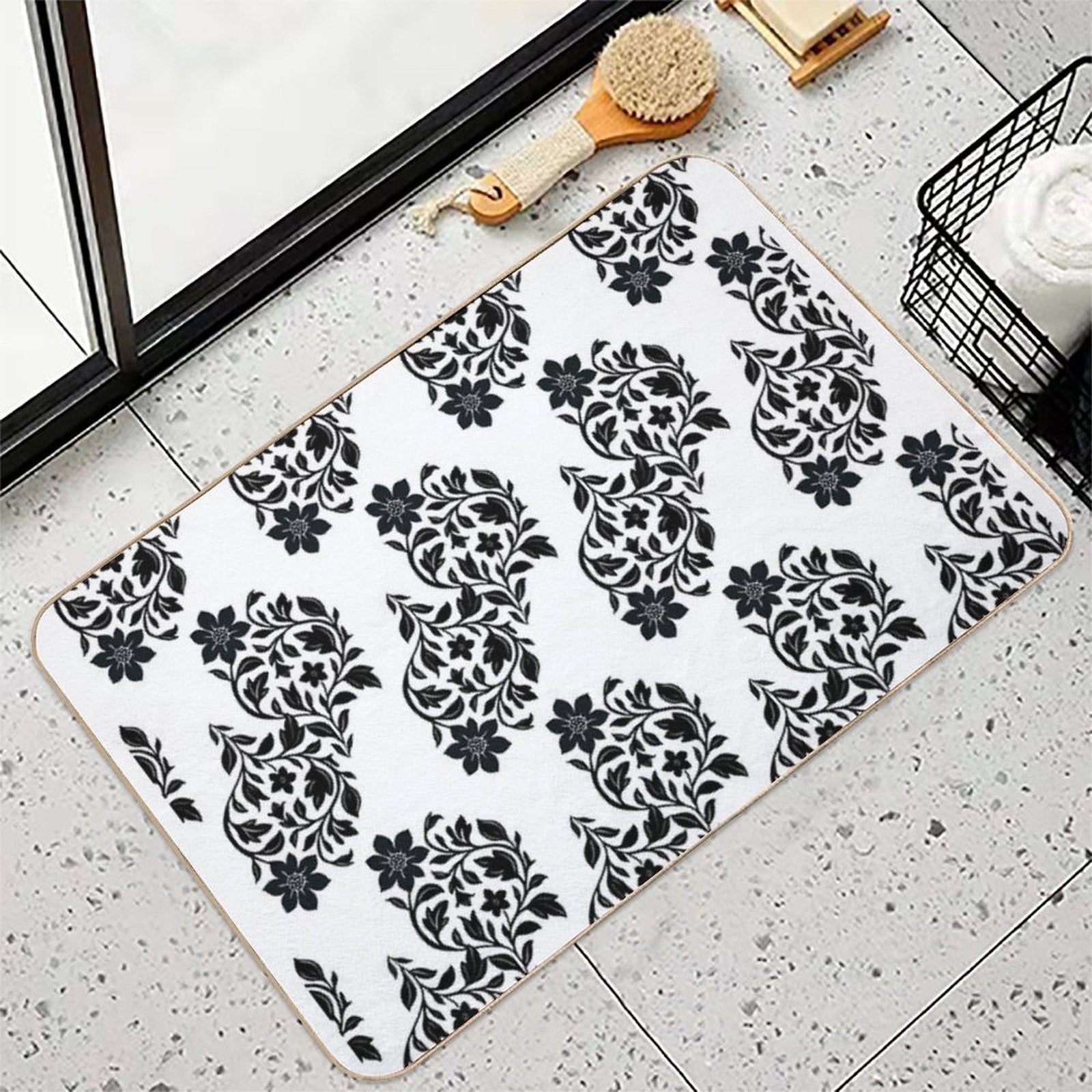 Botanical Pattern - Damask - White Background  High-Traffic Bath Mat