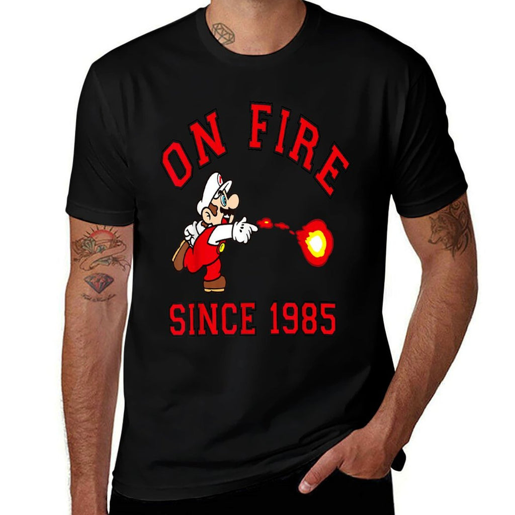 Super Mario Bros On Fire Since 1985 Red Text Collegiate  Slim-fit Cut T-Shirt
