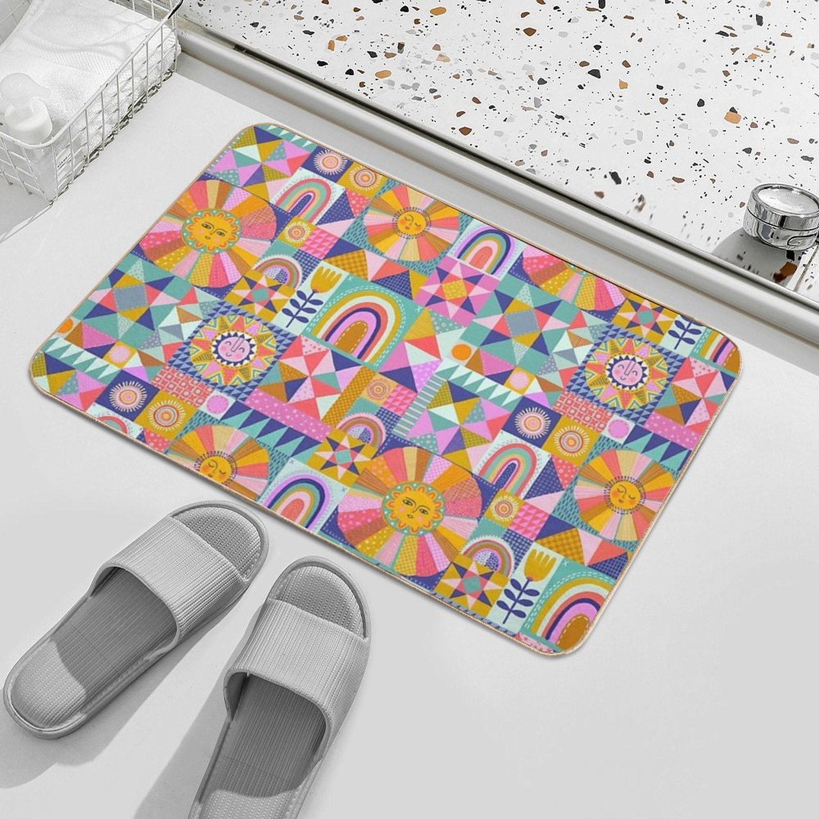 Sunny Patchwork with Aqua Blue  High-Traffic Bath Mat