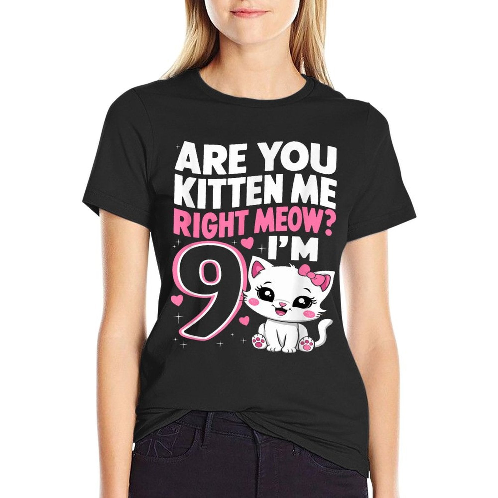 9th Birthday Girl 9yr Nine 9 Year Old Kitten Cat Bday  Fade-proof Color T-Shirt