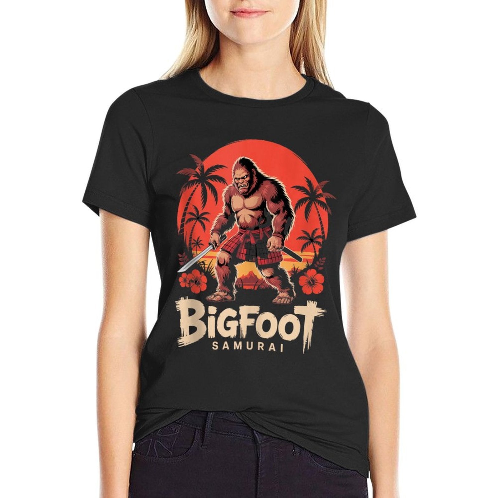 Samurai Bigfoot Ukiyo-e Art Japanese Vintage Graphic Funny  Rolled Sleeves T-Shirt