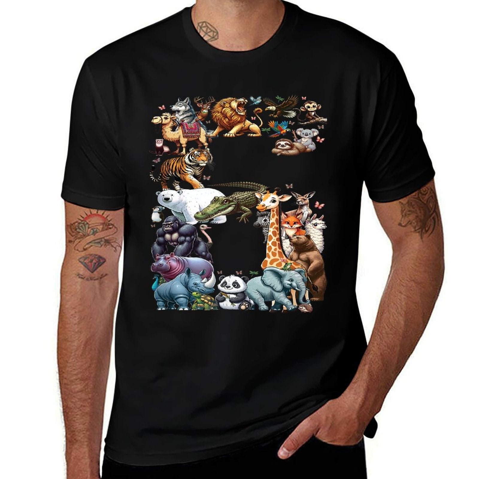 6th Birthday 6 Years Old Zoo Animals Wildlife Safari Jungle  Rolled Sleeves T-Shirt