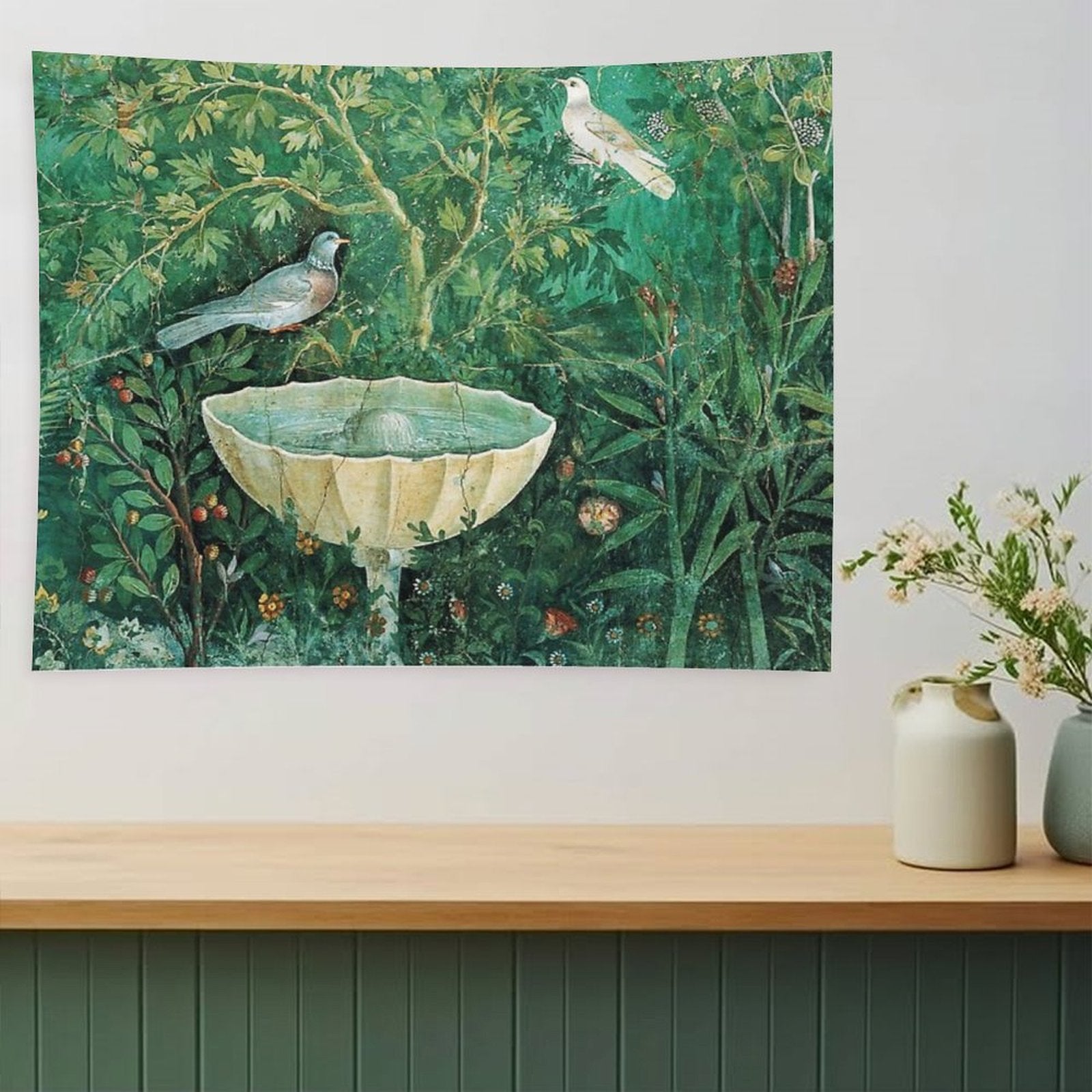 POMPEII COLLECTION,LITTLE BIRDS,DOVES AND FOUNTAIN  IN GARDEN ,GREEN FLORAL Tapestry
