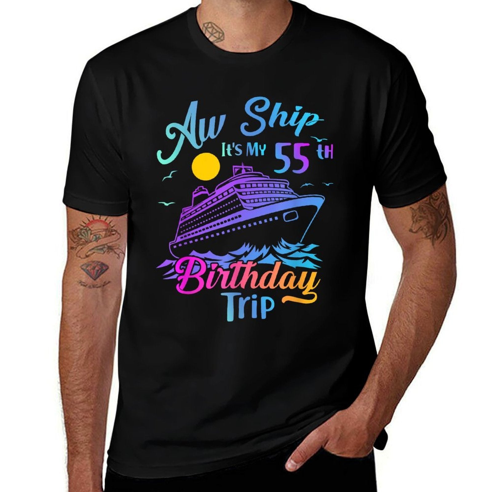 Aw Ship Its My 55th Birthday Trip Cruise Vacation Party  Ribbed Collar T-Shirt