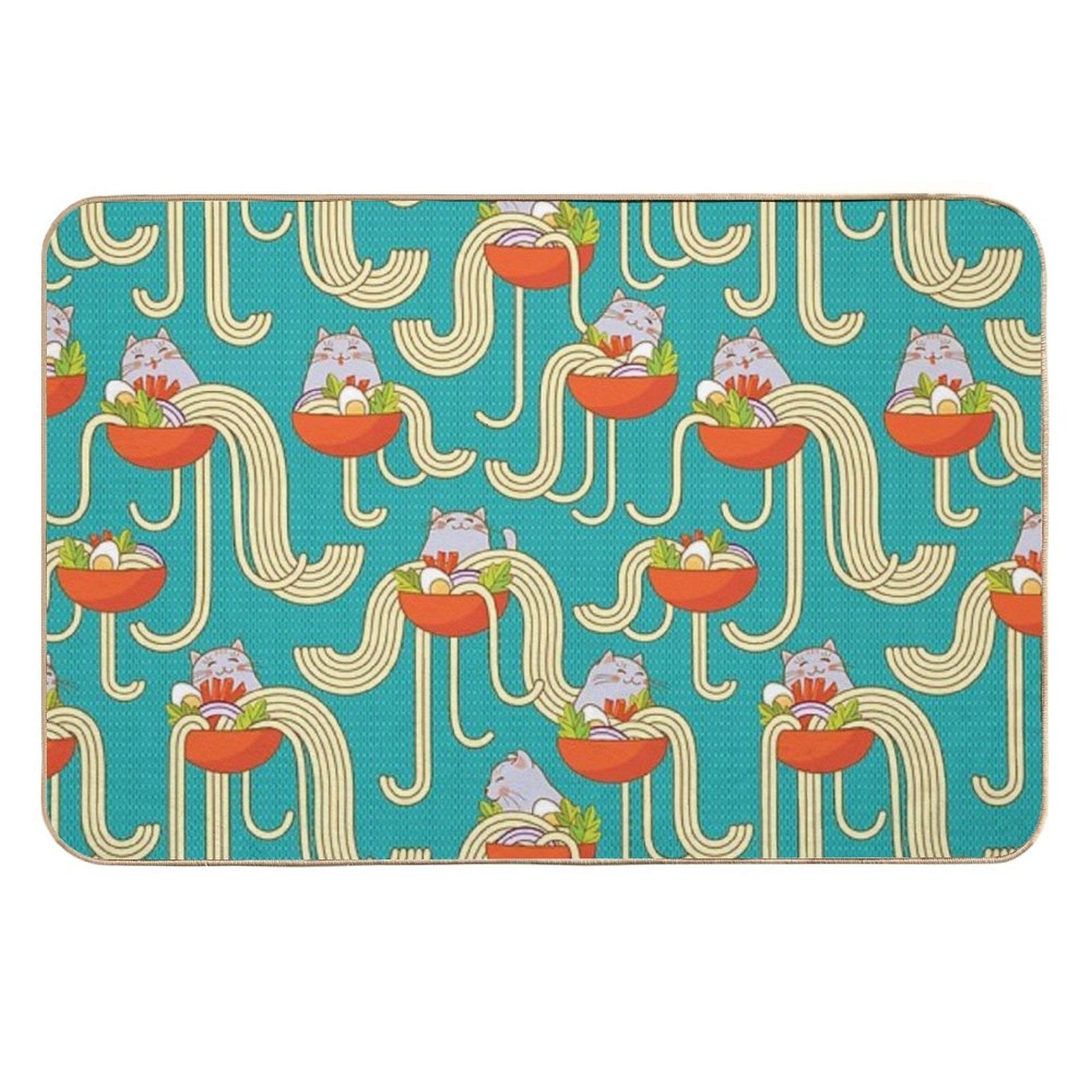 Plates of Noodles And Funny Cats.  Slip-Resistant Bath Mat