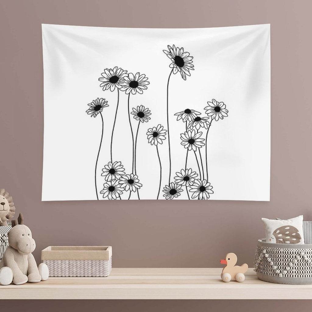 Daisies Botanical Line Drawing Tapestry