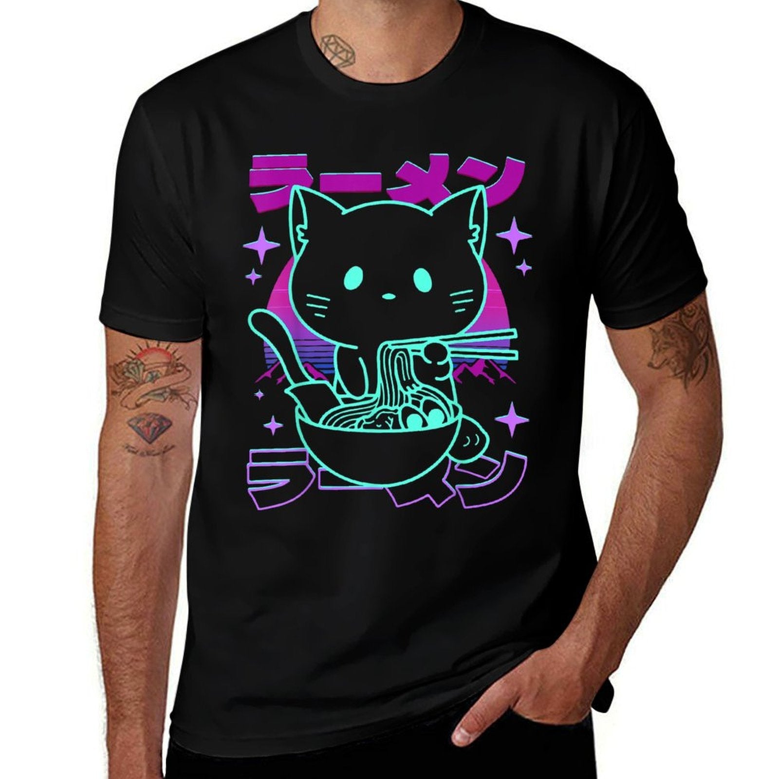 Anime Ramen Cat Retro Japanese Noodles Aesthetic Kawaii Cat  Tagless Design T-Shirt