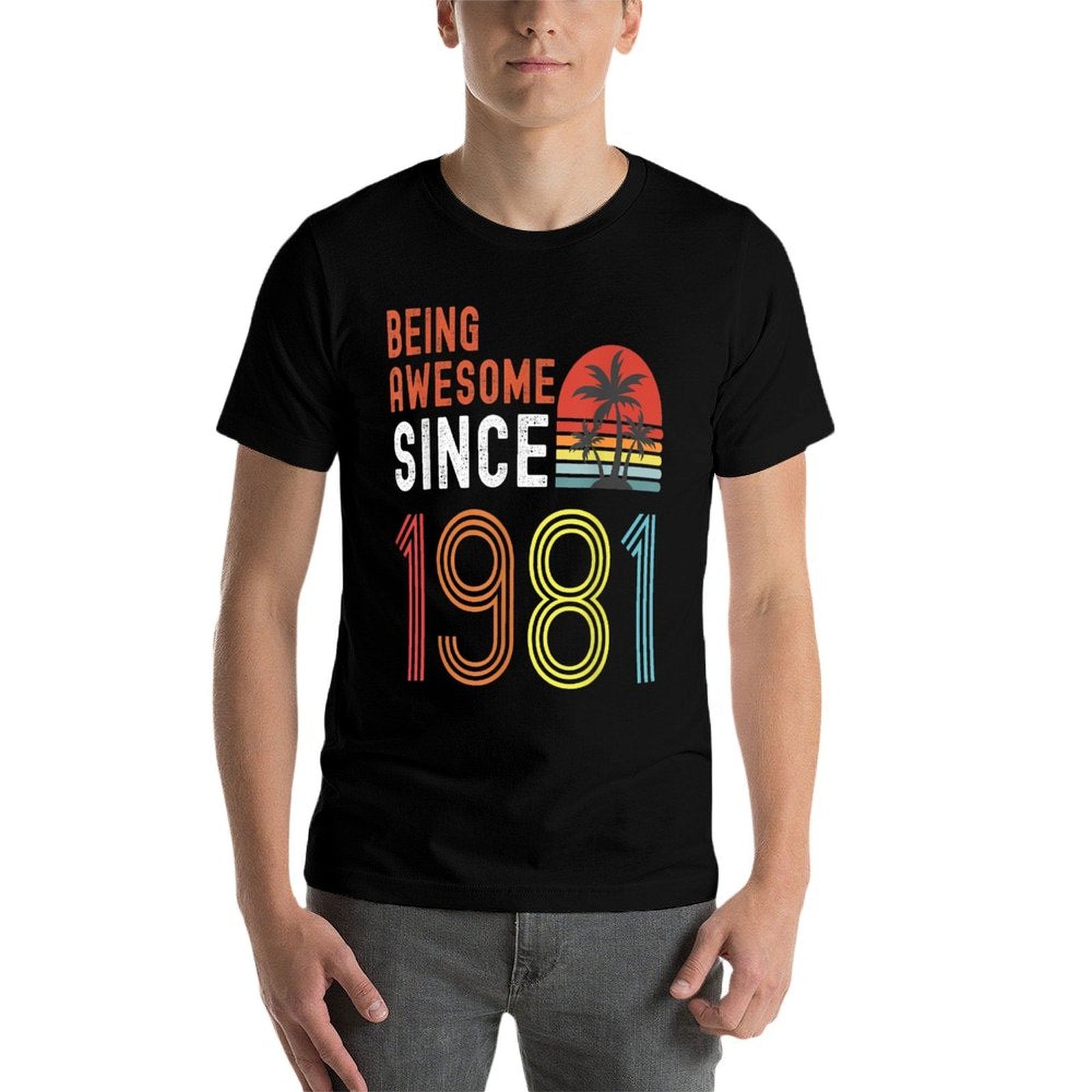 Being Awesome Since 1981, Made in 1981 Vintage 40th Birthday  Ribbed Collar T-Shirt