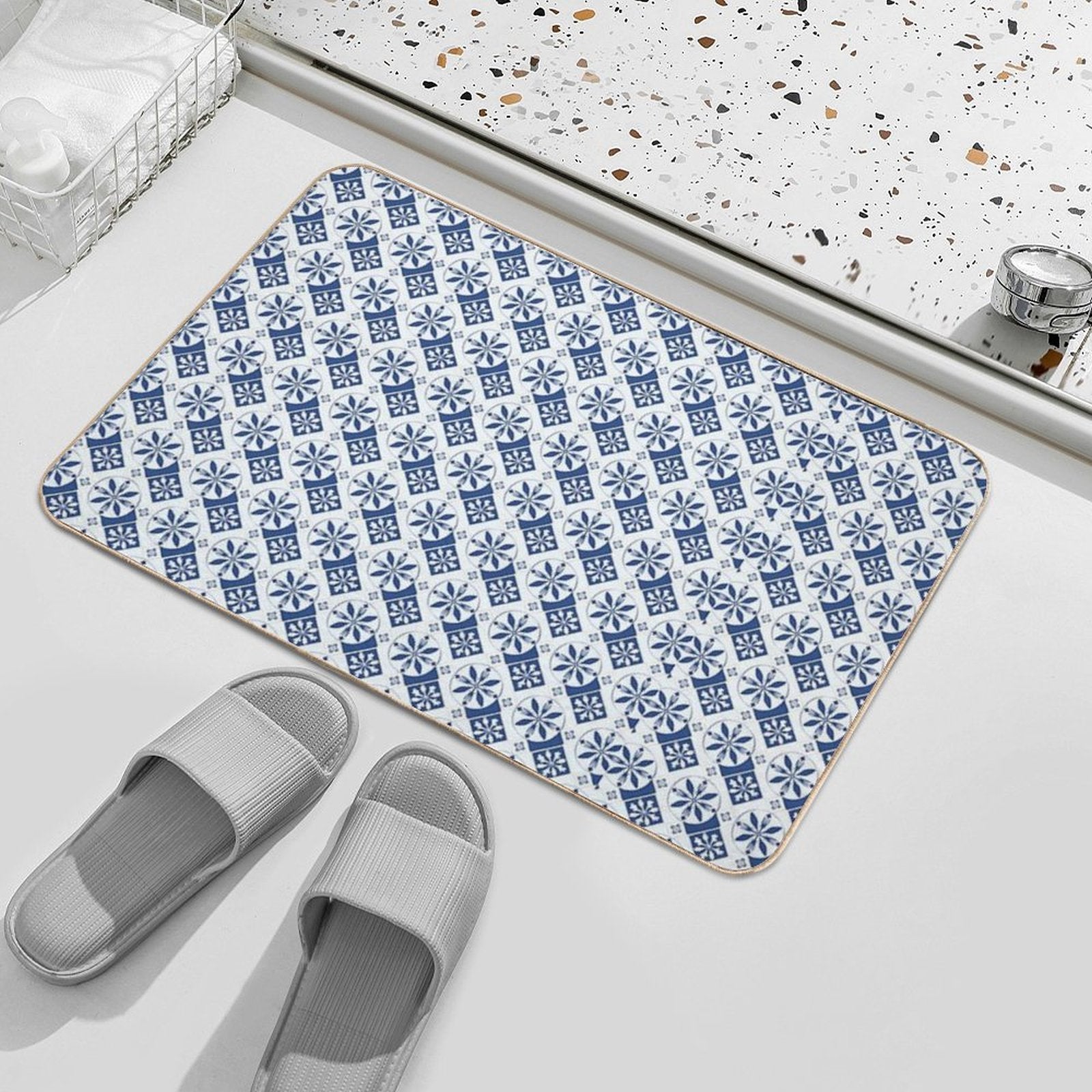 Blue Floral Portuguese Tile  Pet-Safe Bath Mat