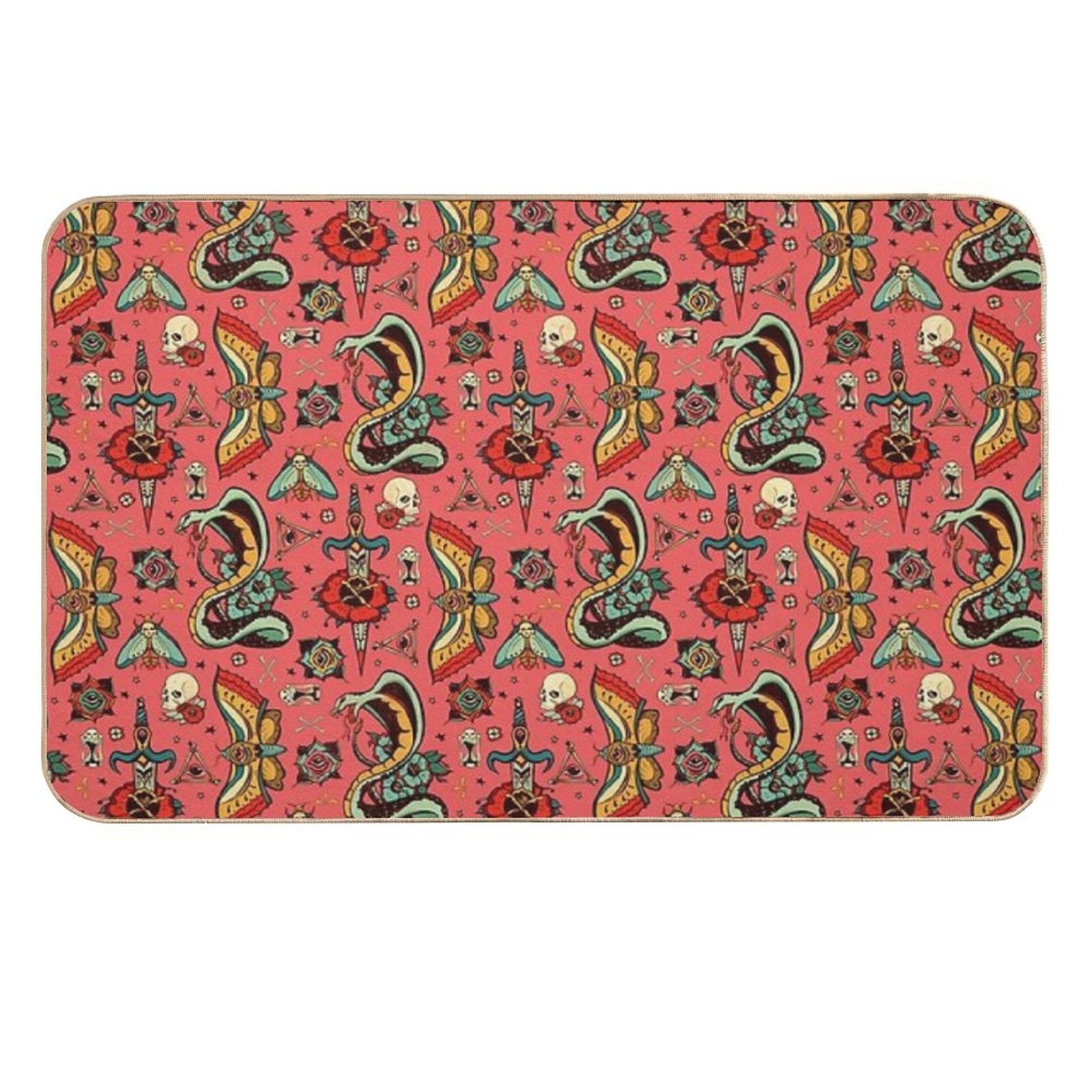 Pink Flash Tattoo Pattern  Long-Lasting Bath Mat