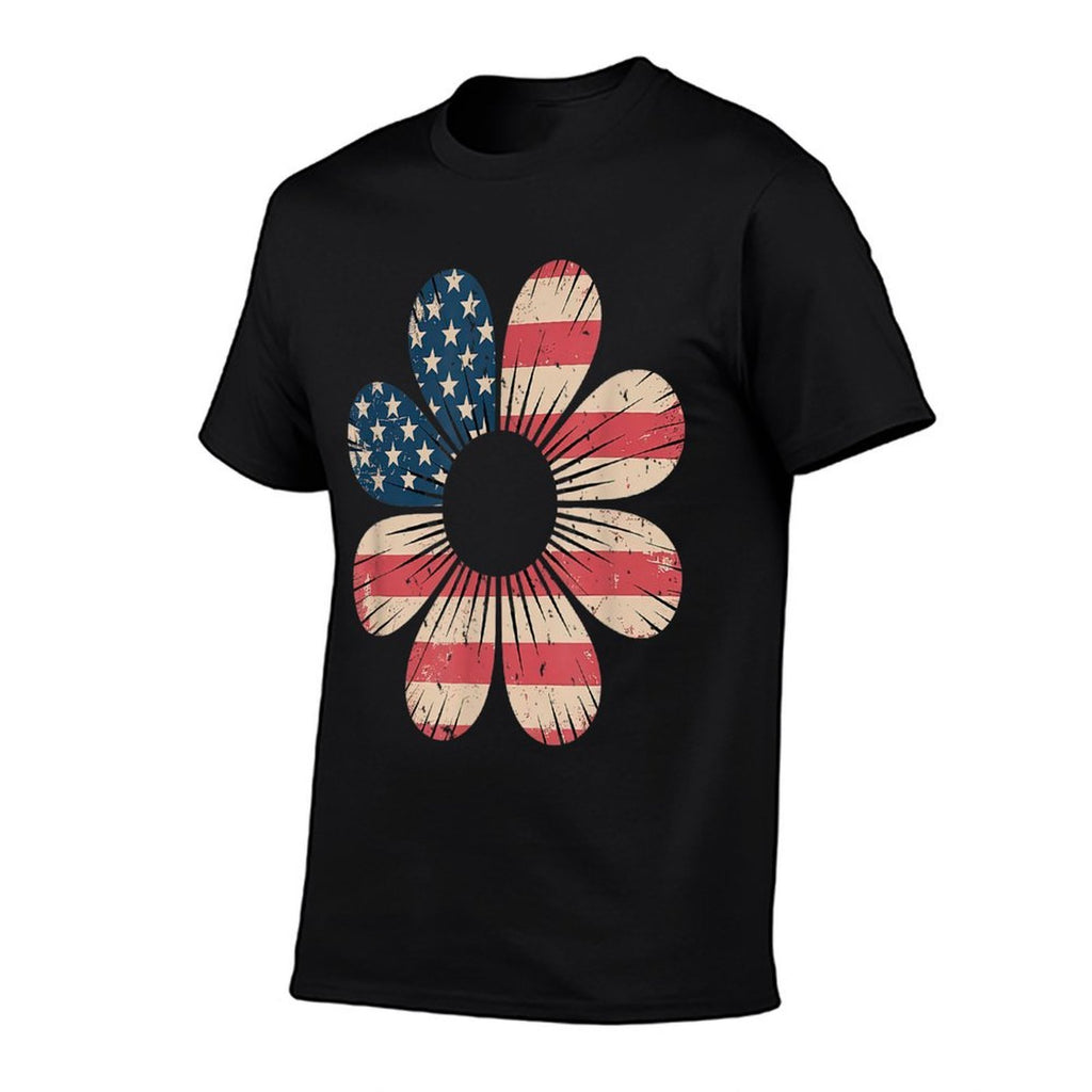 Patriotic Daisy Flower USA 4th of July Boho Retro  Rolled Sleeves T-Shirt