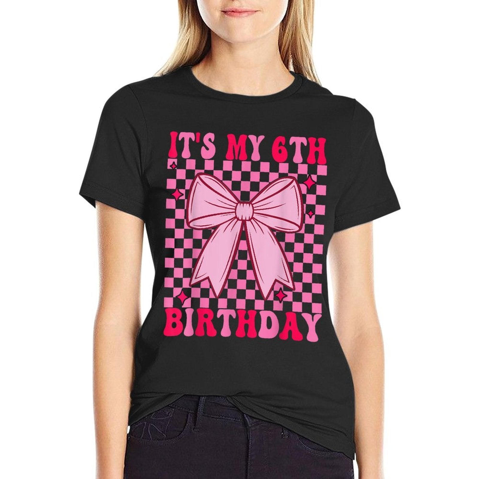 6th Coquette Themed Birthday Six Year Old Girl Bow  Trendy Pattern T-Shirt