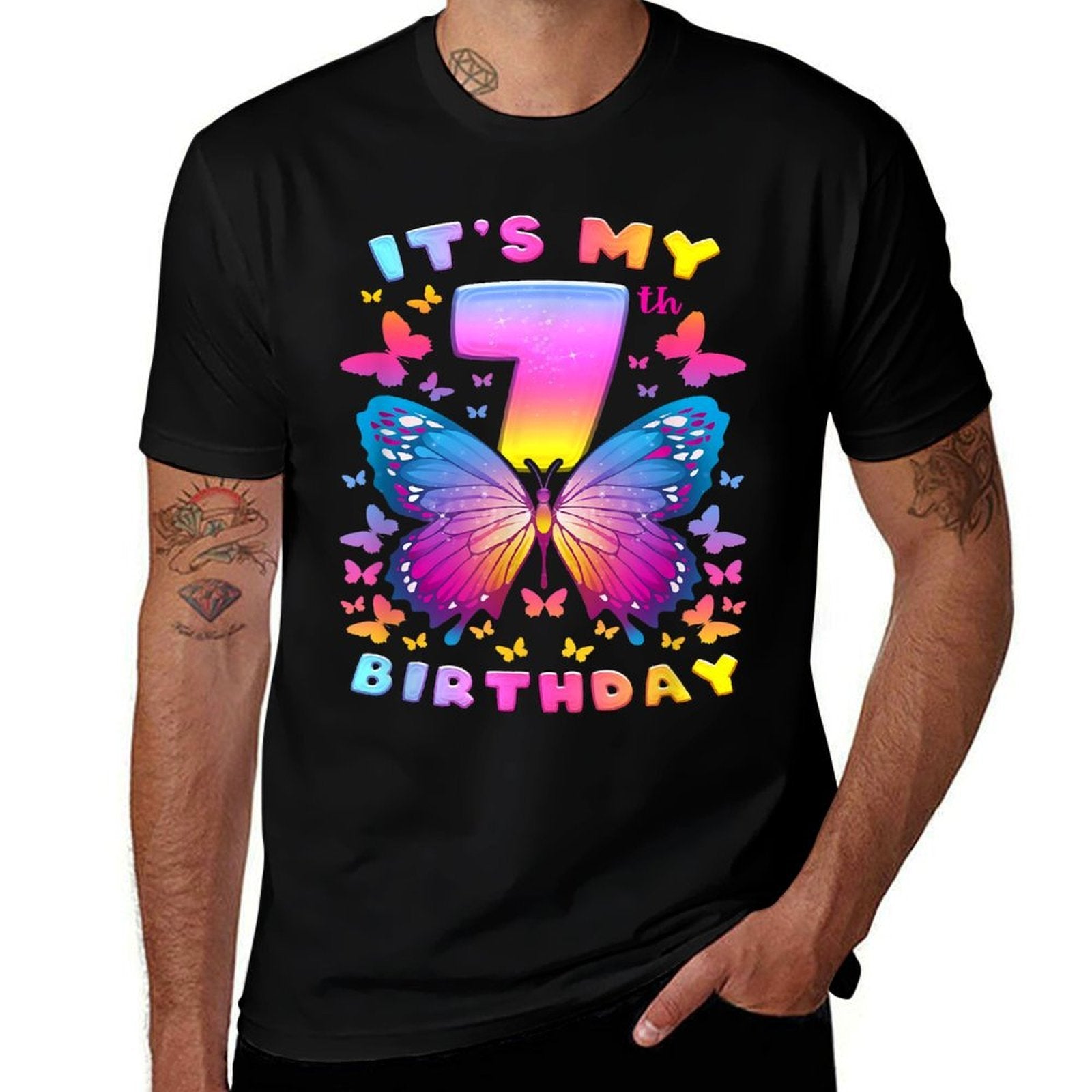 7th Birthday, Girl 7 Years, Butterfly, Number 7  Cotton T-Shirt