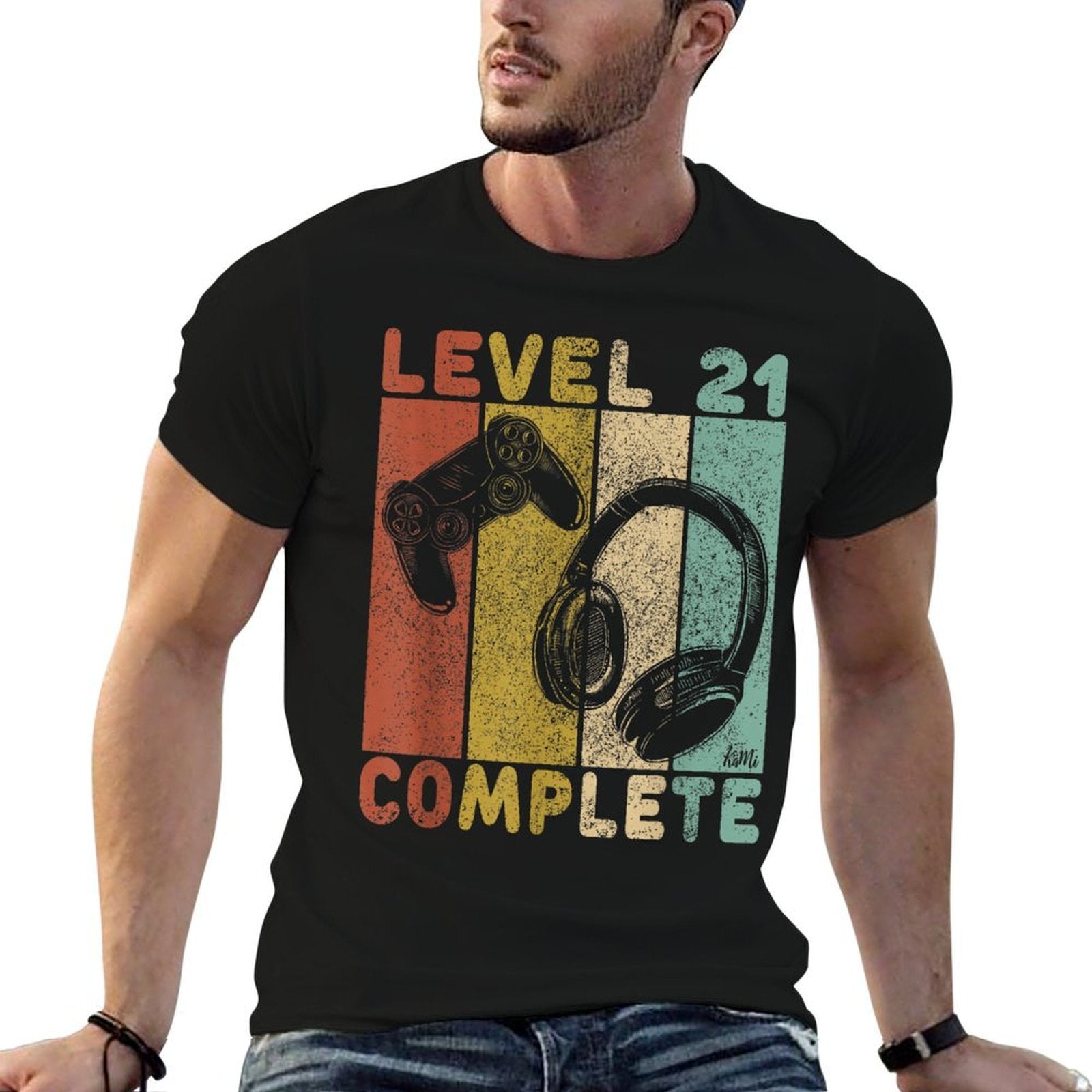 21st Birthday Men Gaming Level 21 Complete  Rolled Sleeves T-Shirt