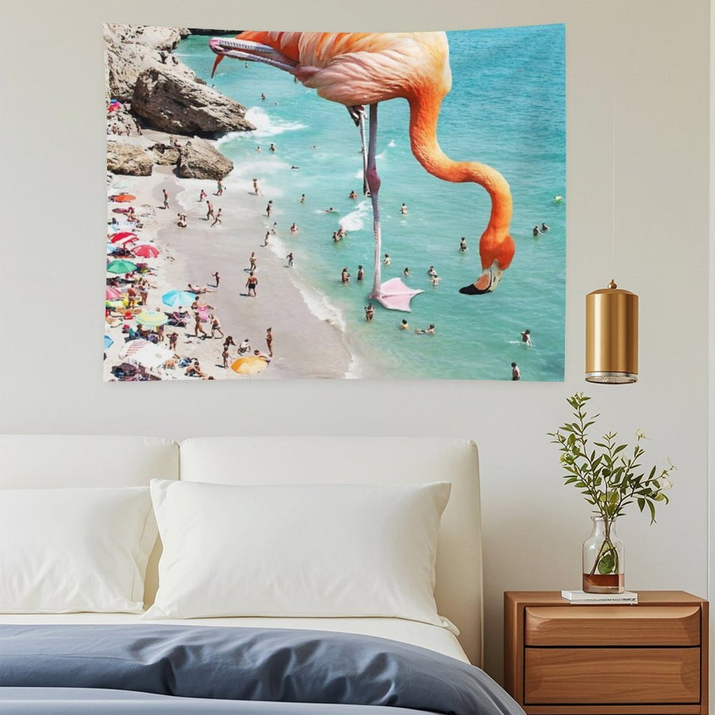 Flamingos on The Beach, Wildlife Surrealism Birds, Nature Flamingo Fantasy Beach Summer Photography Tapestry