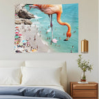 Flamingos on The Beach, Wildlife Surrealism Birds, Nature Flamingo Fantasy Beach Summer Photography Tapestry