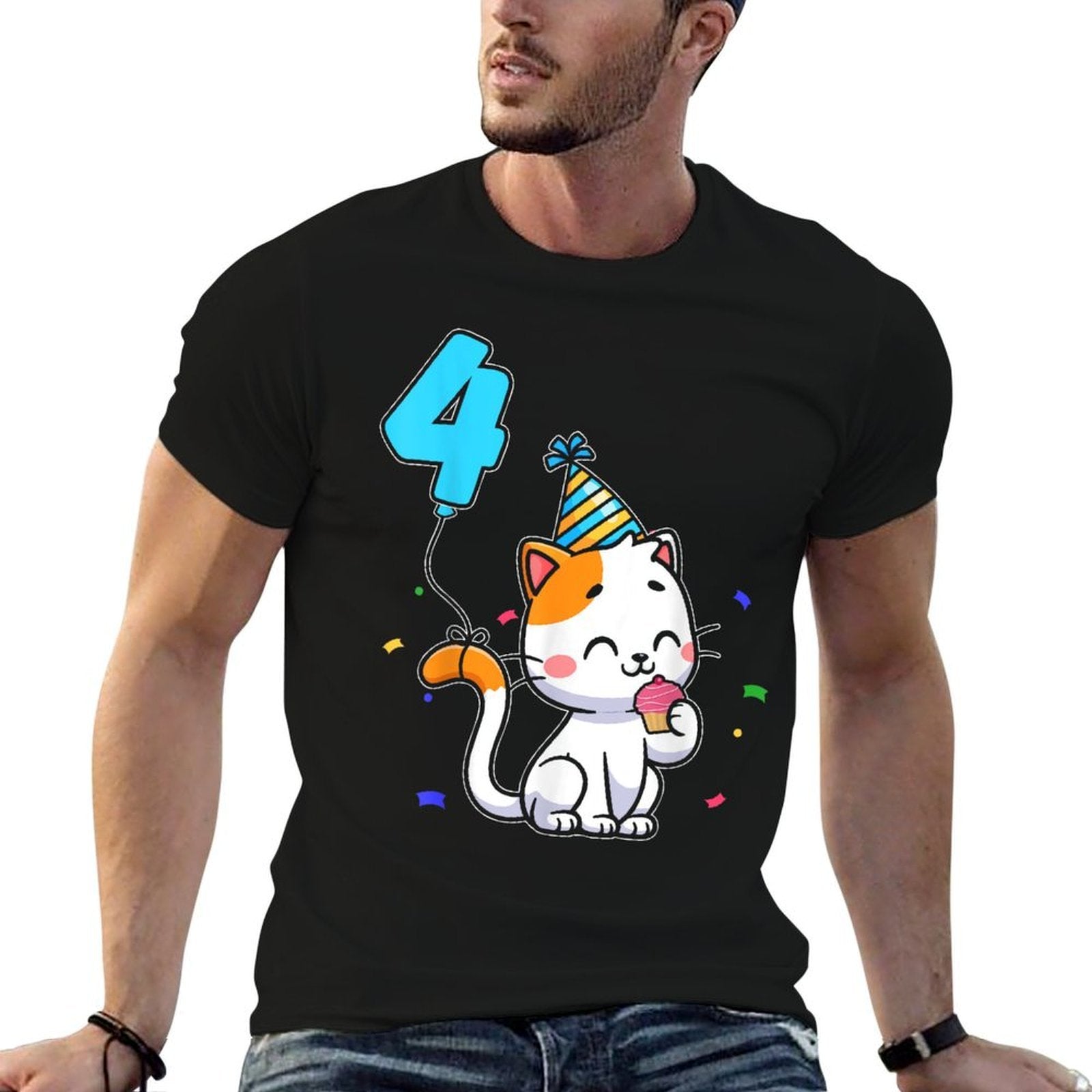 4-Year-Old Kid Cute Cat Party Balloon 4th Birthday  Easy-care T-Shirt