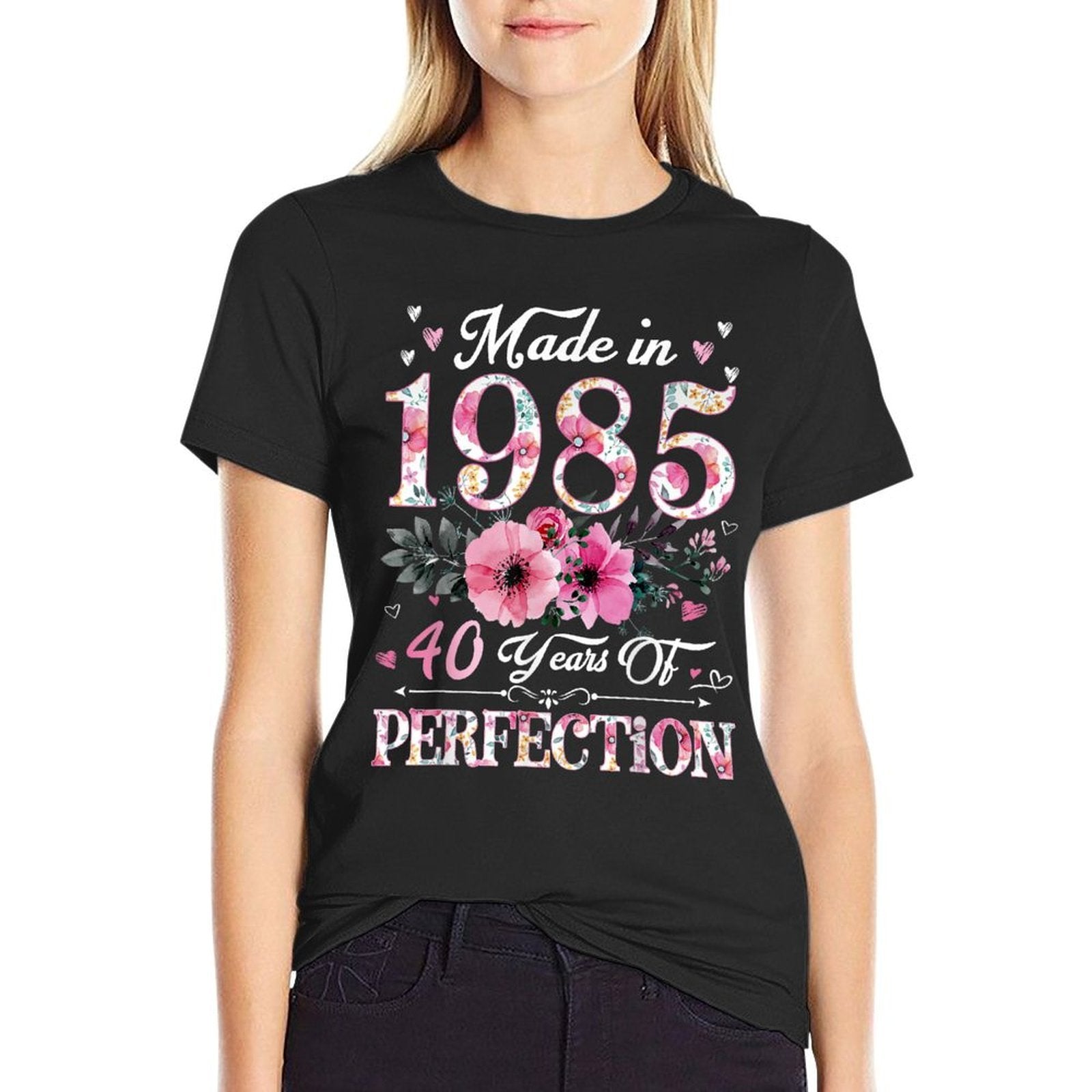 40 Year Old Made In 1985 Floral 40th Birthday Gift For Women  Ribbed Collar T-Shirt
