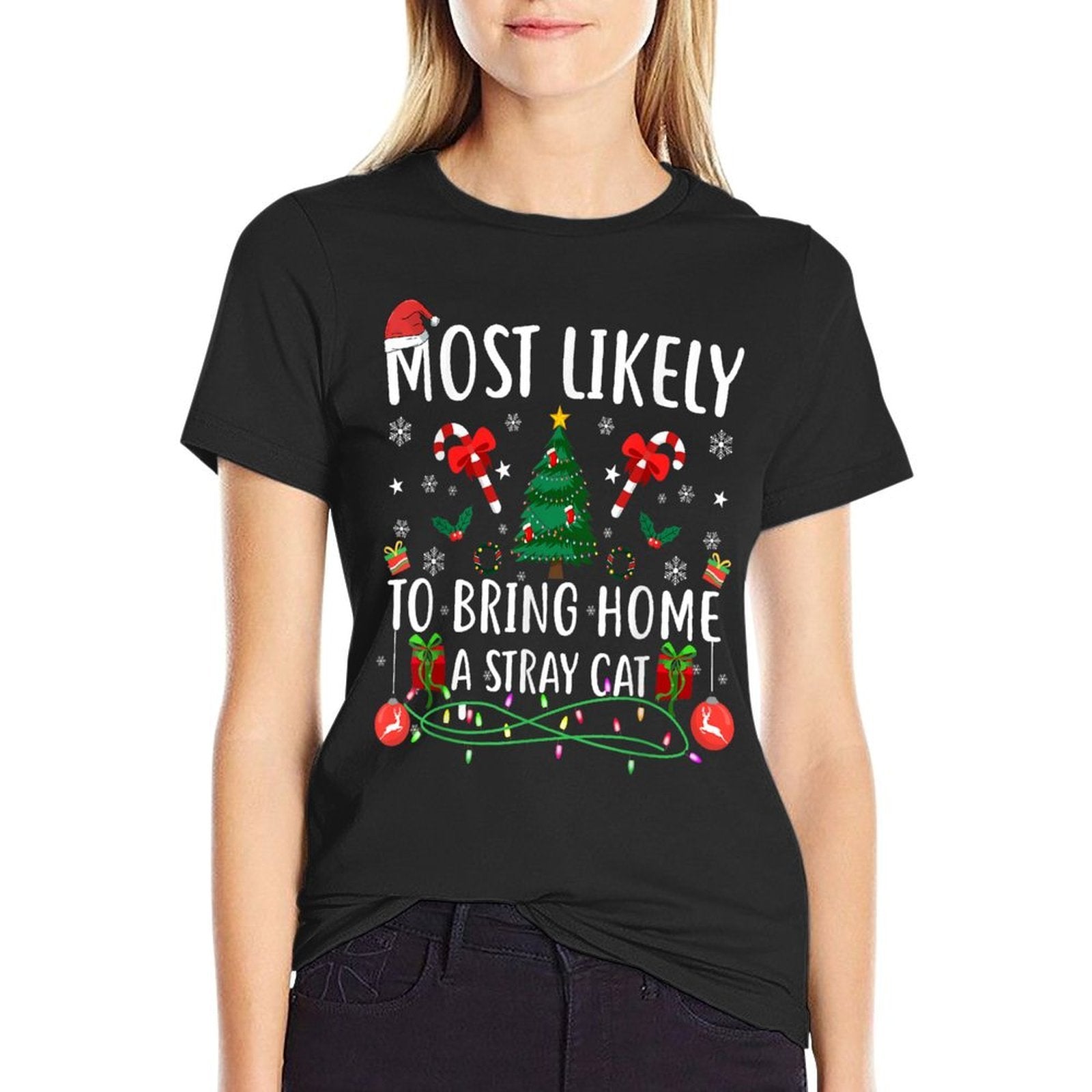 Most Likely To Bring Home A Stray Cat Group Matching Xmas  Ribbed Collar T-Shirt