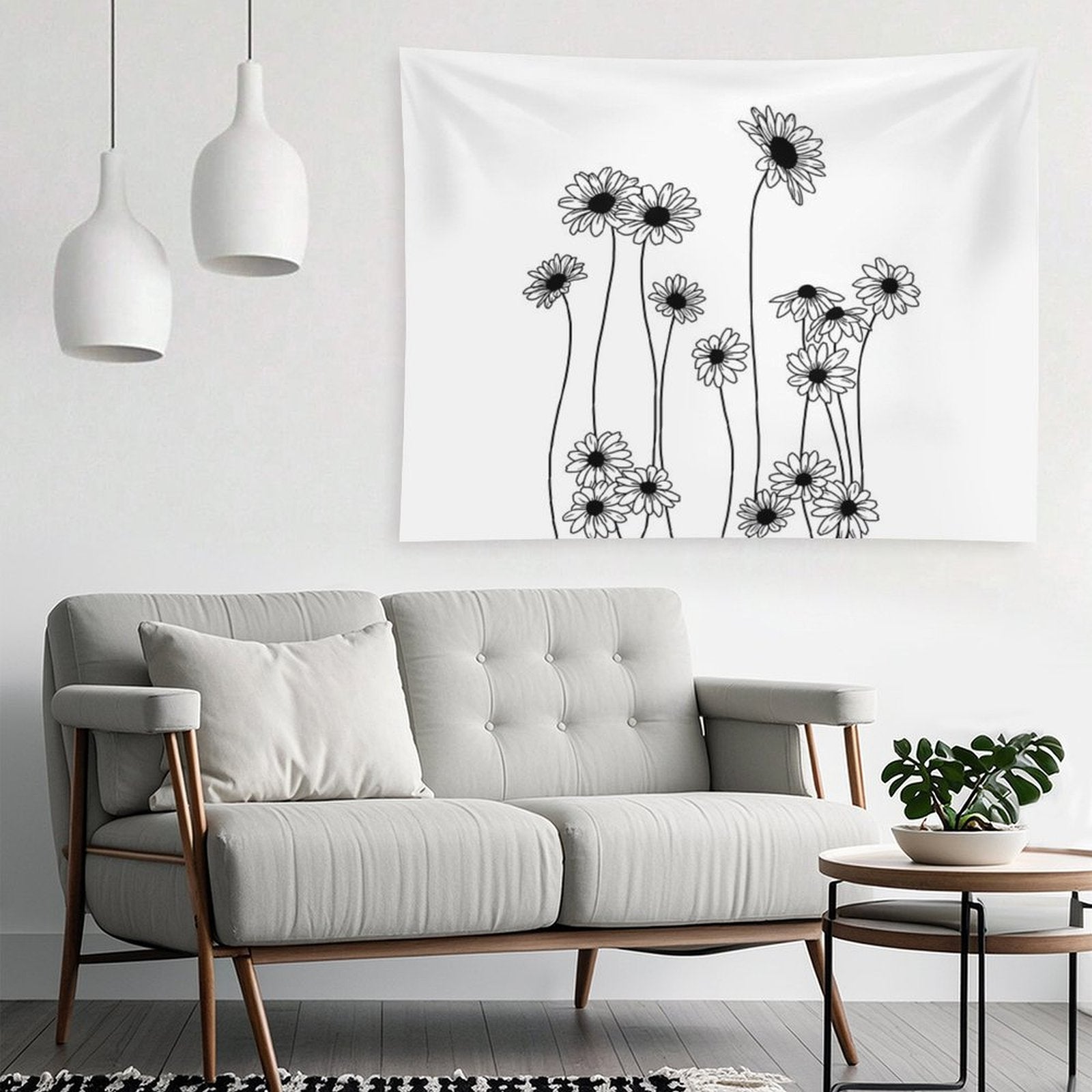 Daisies Botanical Line Drawing Tapestry