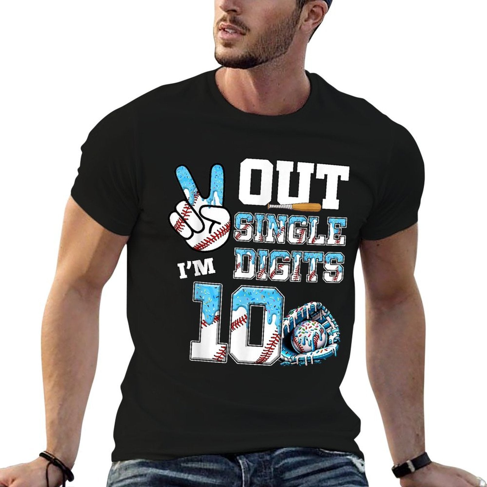 10th Birthday Boy Baseball Drip Peace Out Single Digits  Fade-proof Color T-Shirt