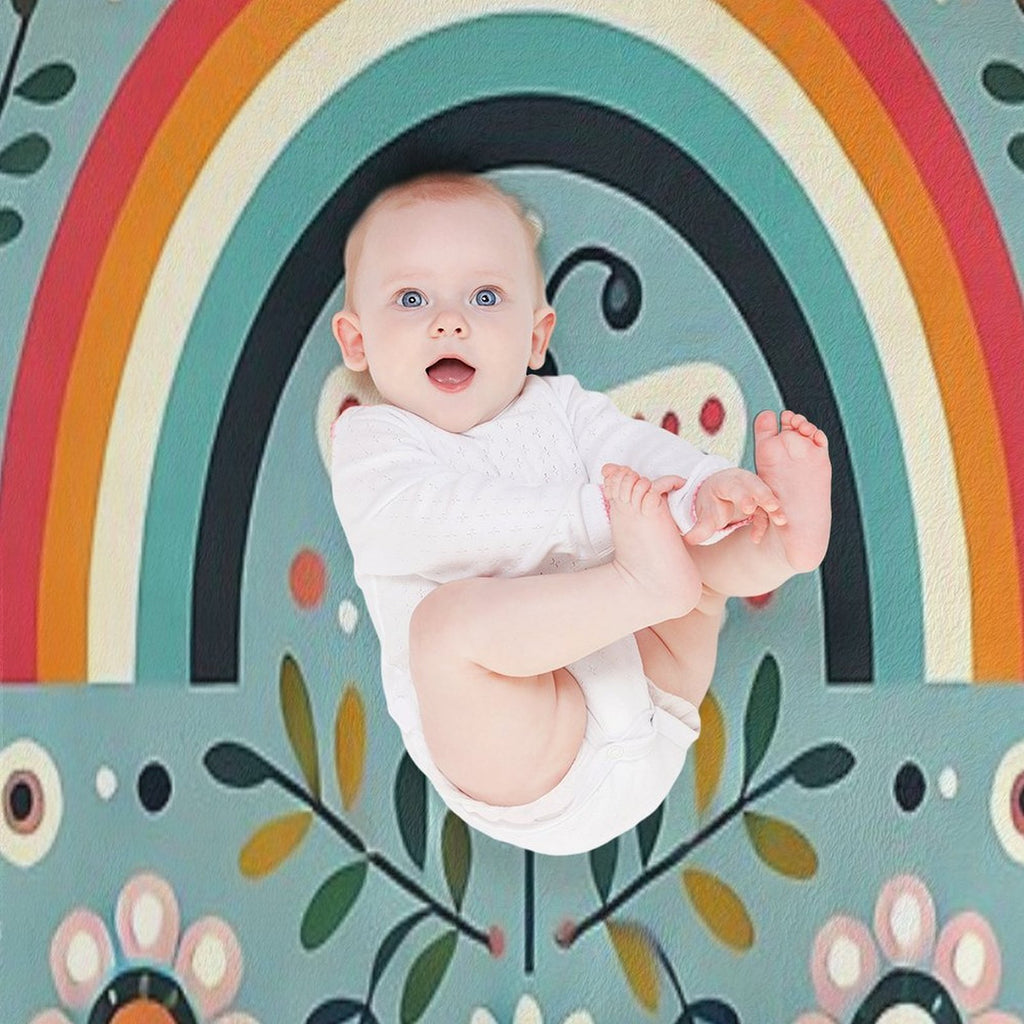 Blue Serene Folk Butterfly with Rainbow - Scandinavian Folk Art by Heidiannemorris © Durable Throw Blanket