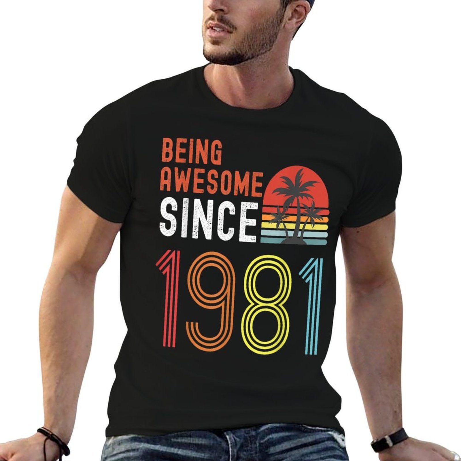 Being Awesome Since 1981, Made in 1981 Vintage 40th Birthday  Ribbed Collar T-Shirt