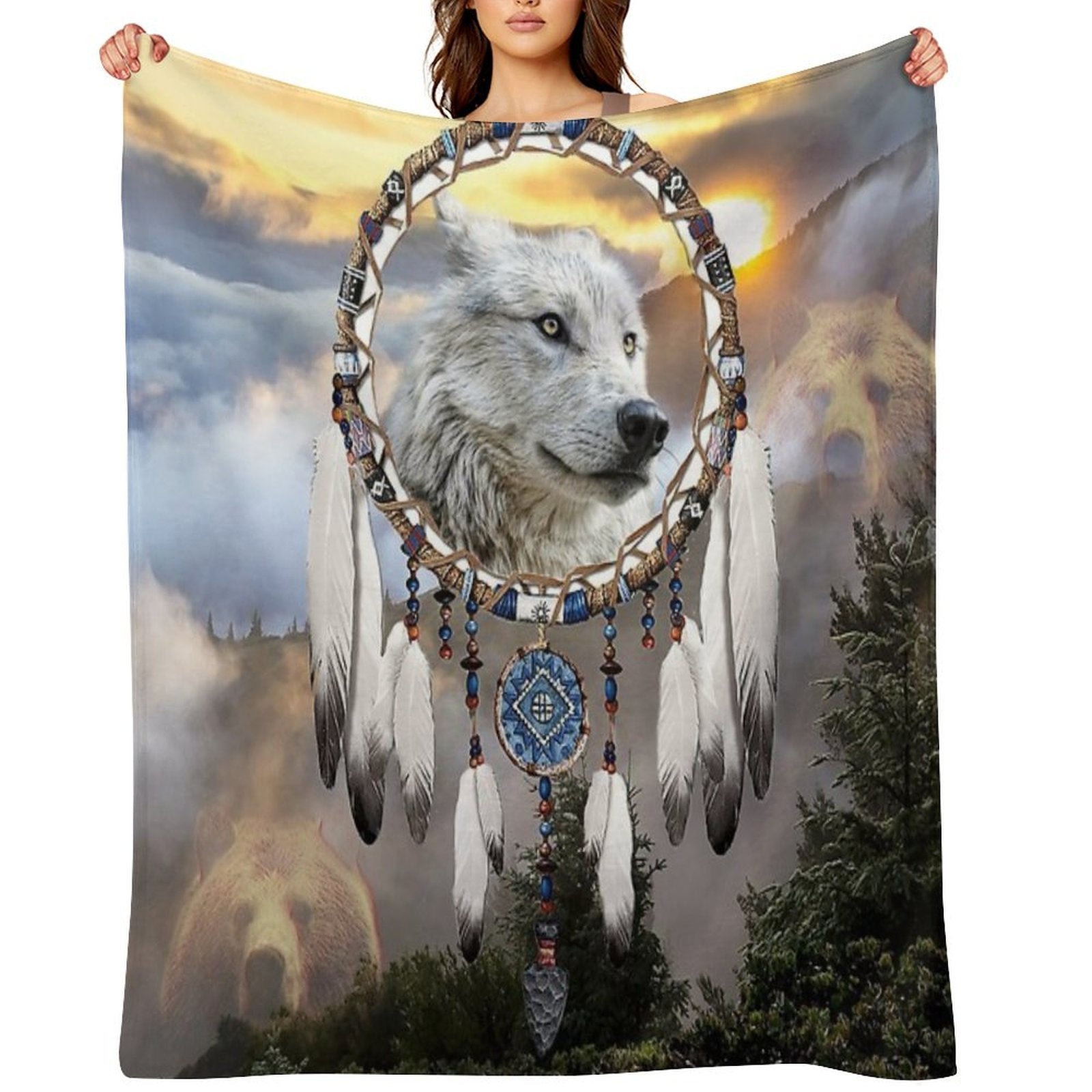 Wolf, Bear And Dream Catcher Anti-pilling Throw Blanket