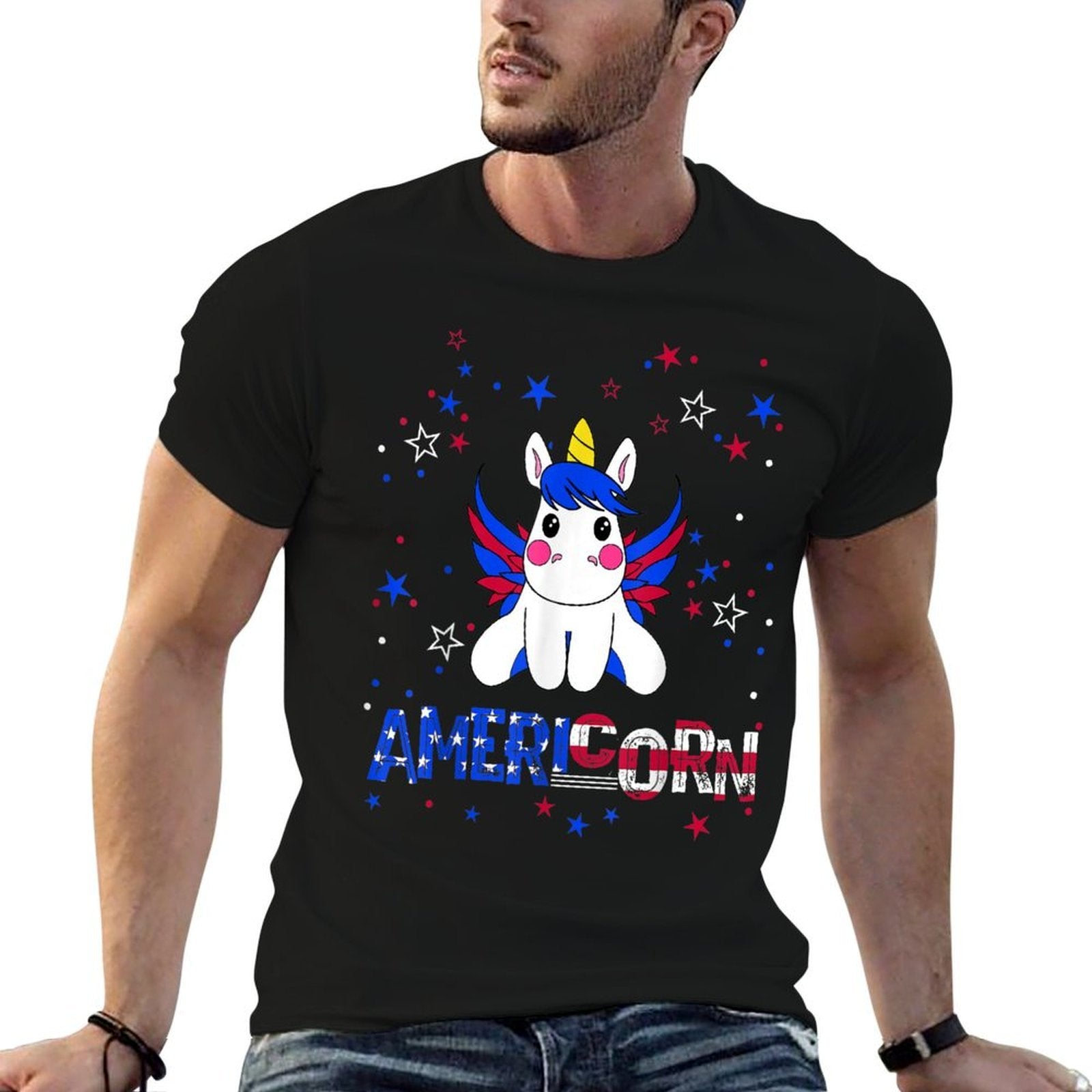 Americorn American Unicorn with Wings July 4th USA Gift  Stretchy T-Shirt