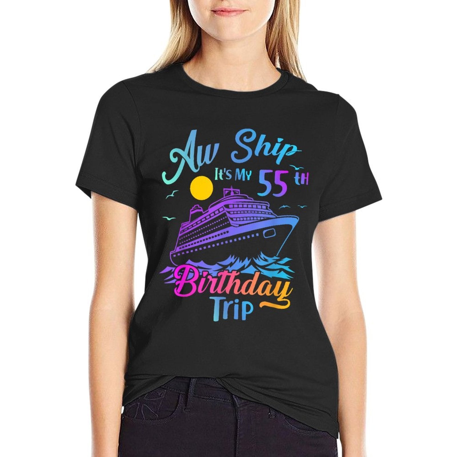 Aw Ship Its My 55th Birthday Trip Cruise Vacation Party  Ribbed Collar T-Shirt