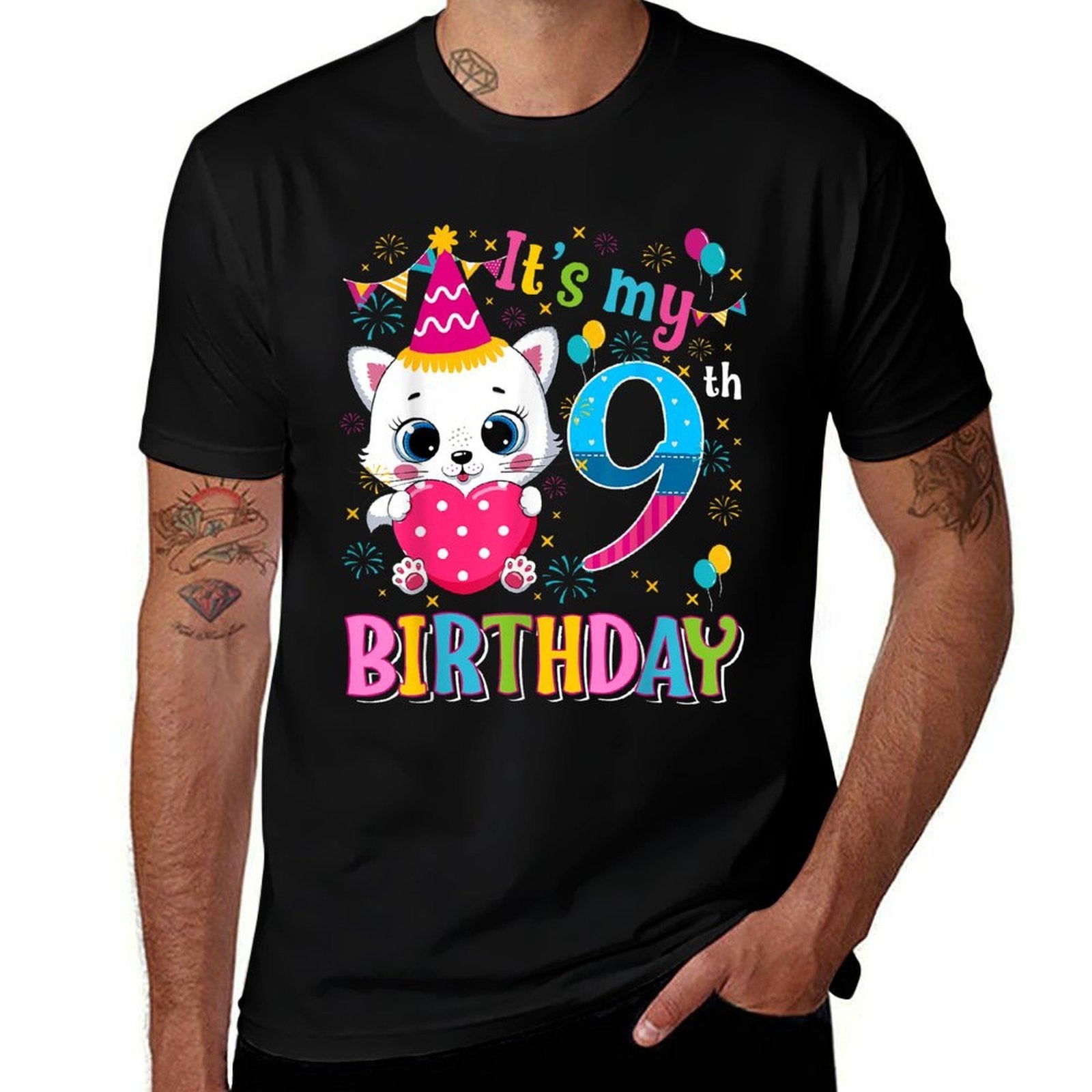 9th Birthday Cat Girls Kitten Birthday Girl 9 Year OLD  Eco-friendly Material T-Shirt