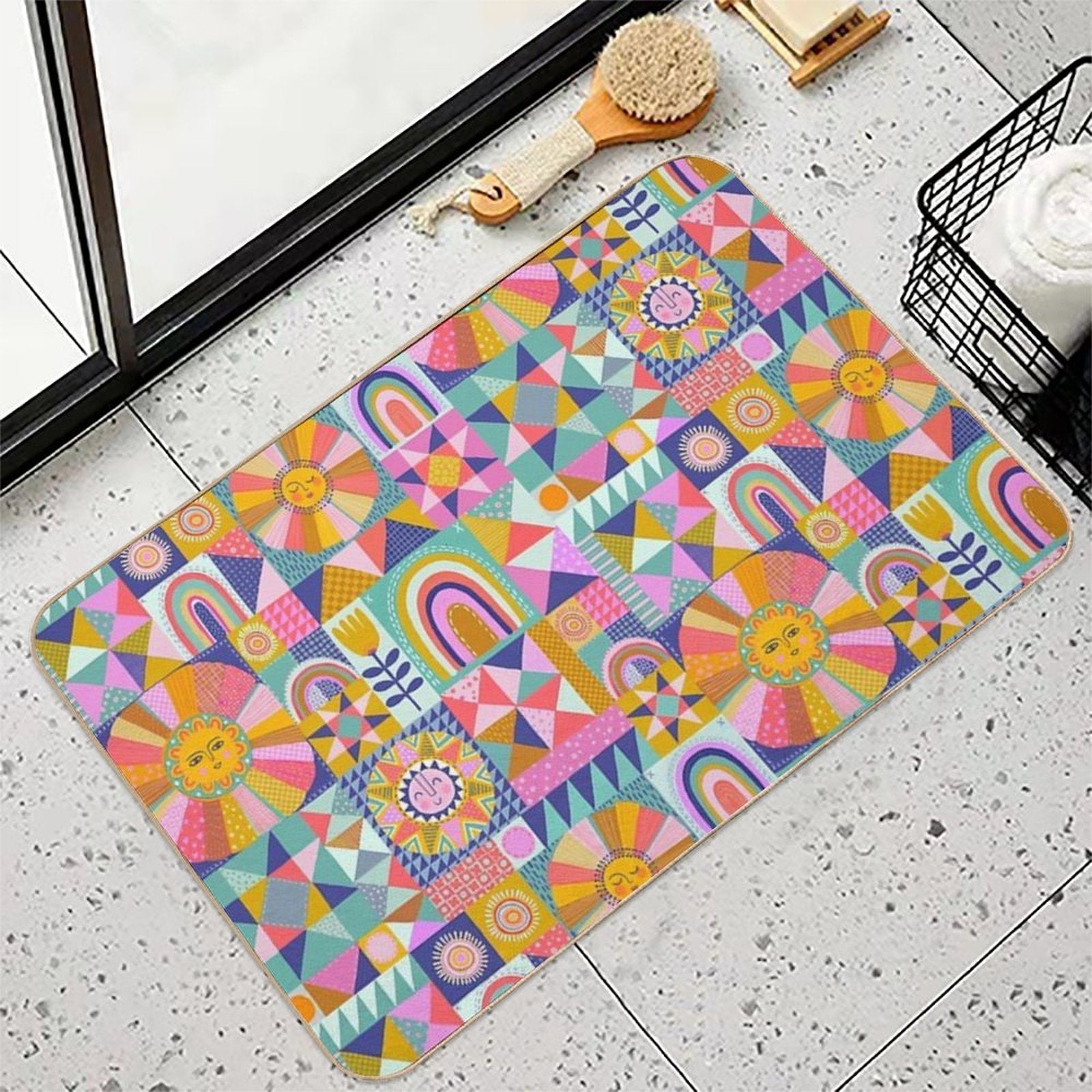 Sunny Patchwork with Aqua Blue  High-Traffic Bath Mat