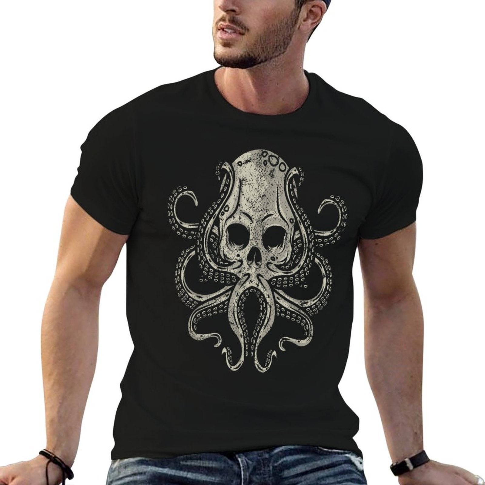 Creepy Octopus Skull Sea Monster Kraken Scuba Diver Goth  Cotton T-Shirt